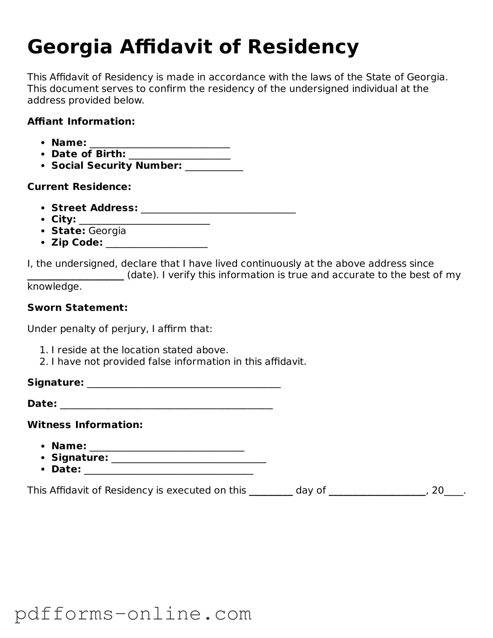 Valid Georgia Affidavit of Residency Template