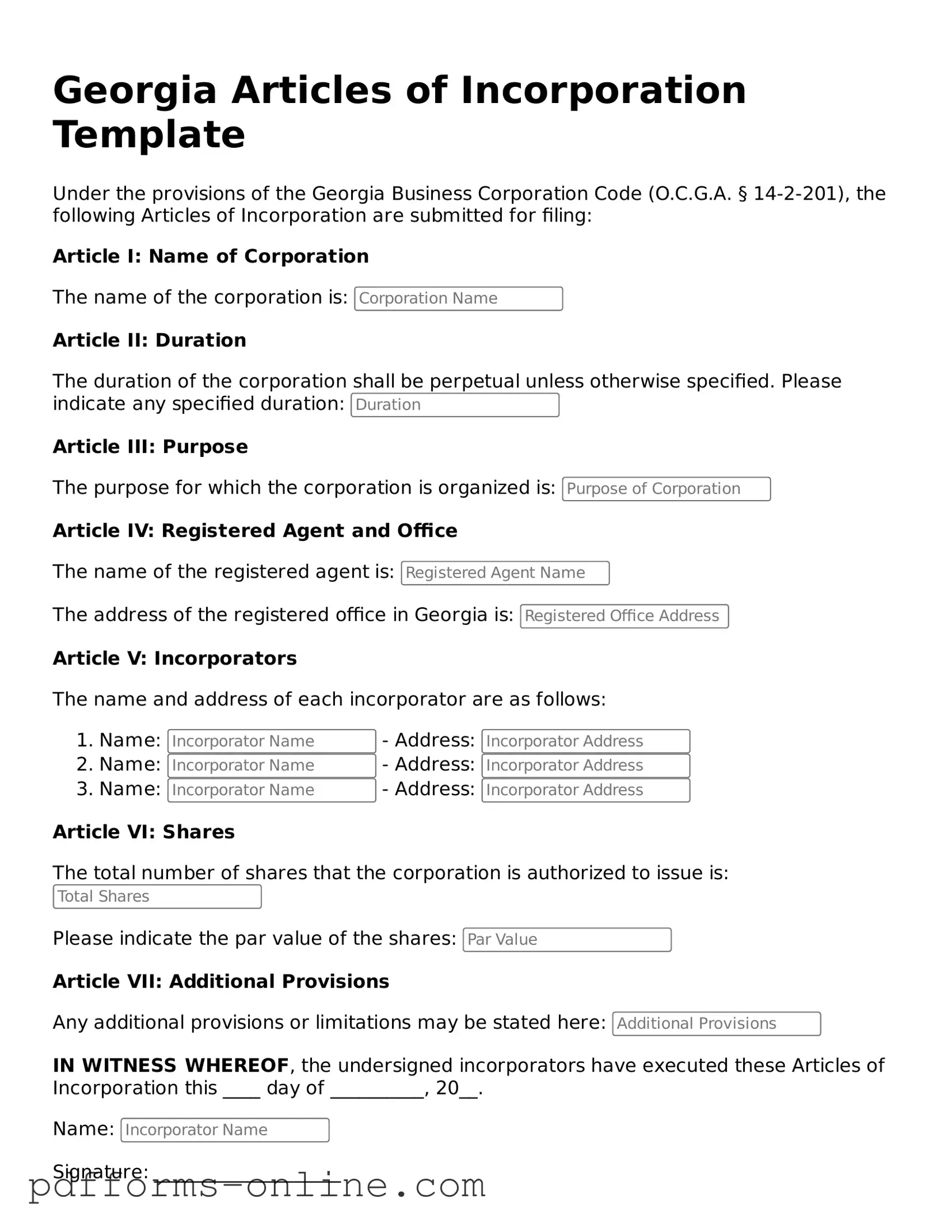 Valid Georgia Articles of Incorporation Template