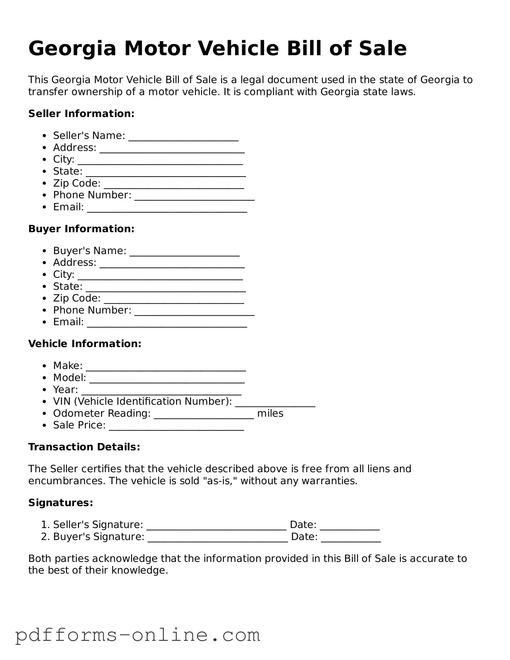 Valid Georgia Motor Vehicle Bill of Sale Template
