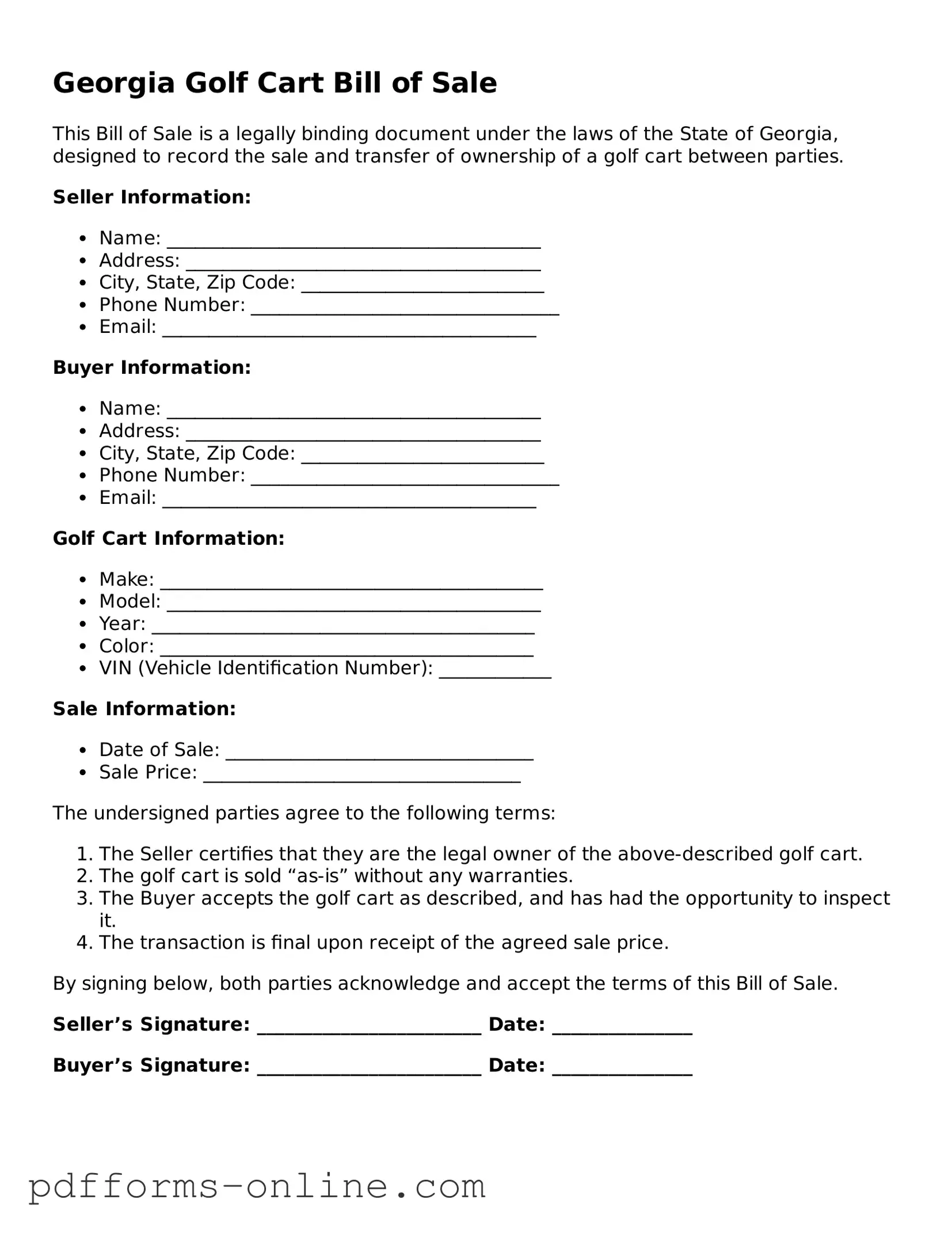 Valid Georgia Golf Cart Bill of Sale Template