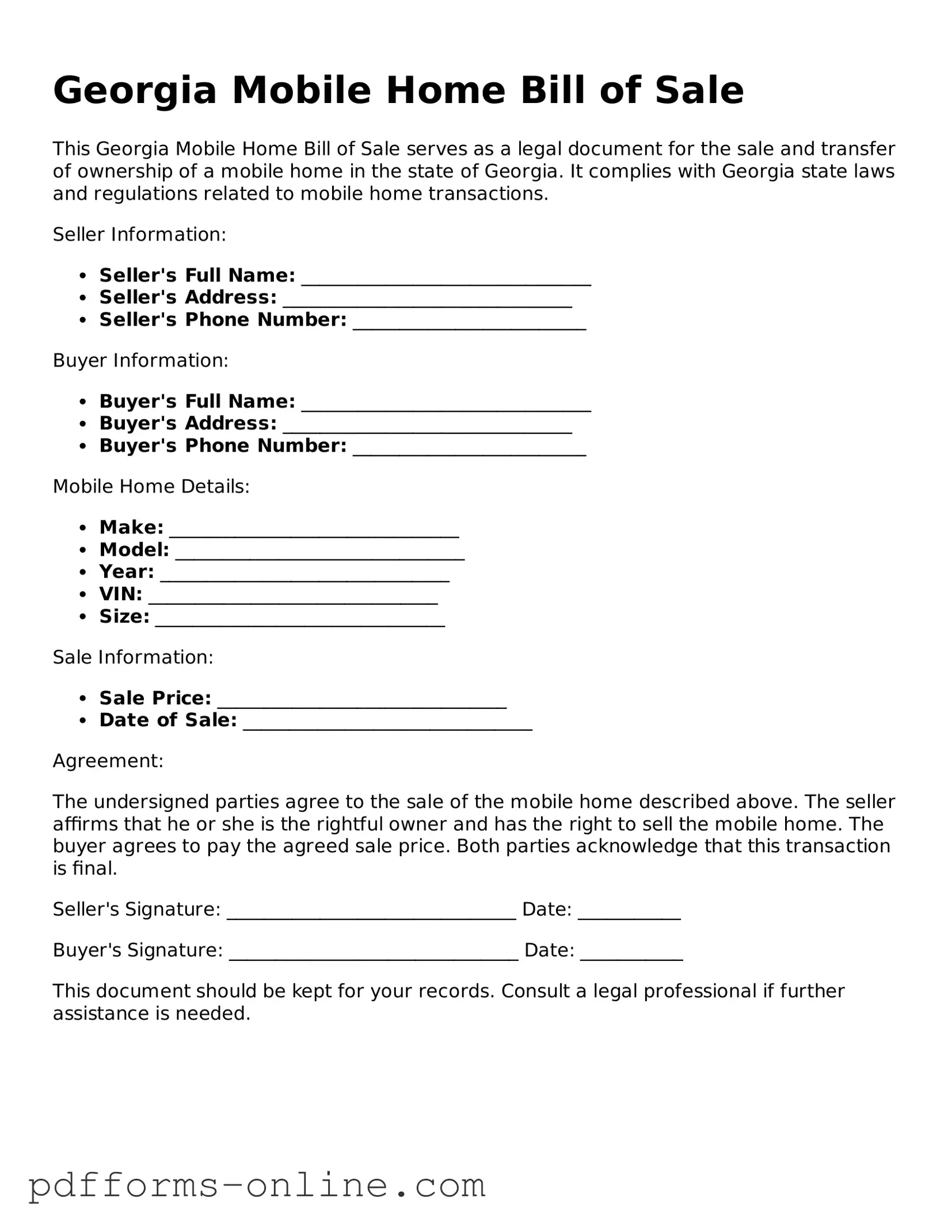 Valid Georgia Mobile Home Bill of Sale Template