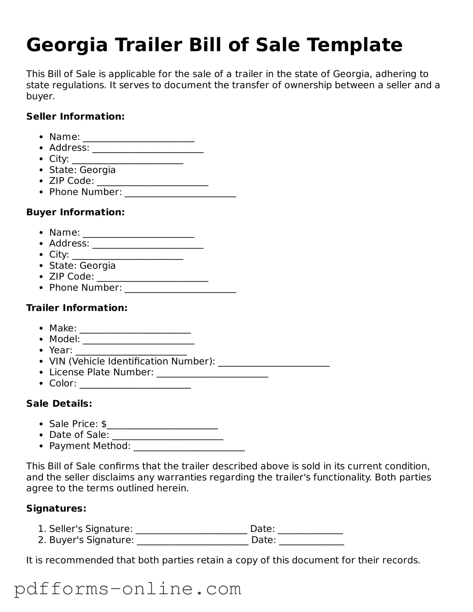 Valid Georgia Trailer Bill of Sale Template