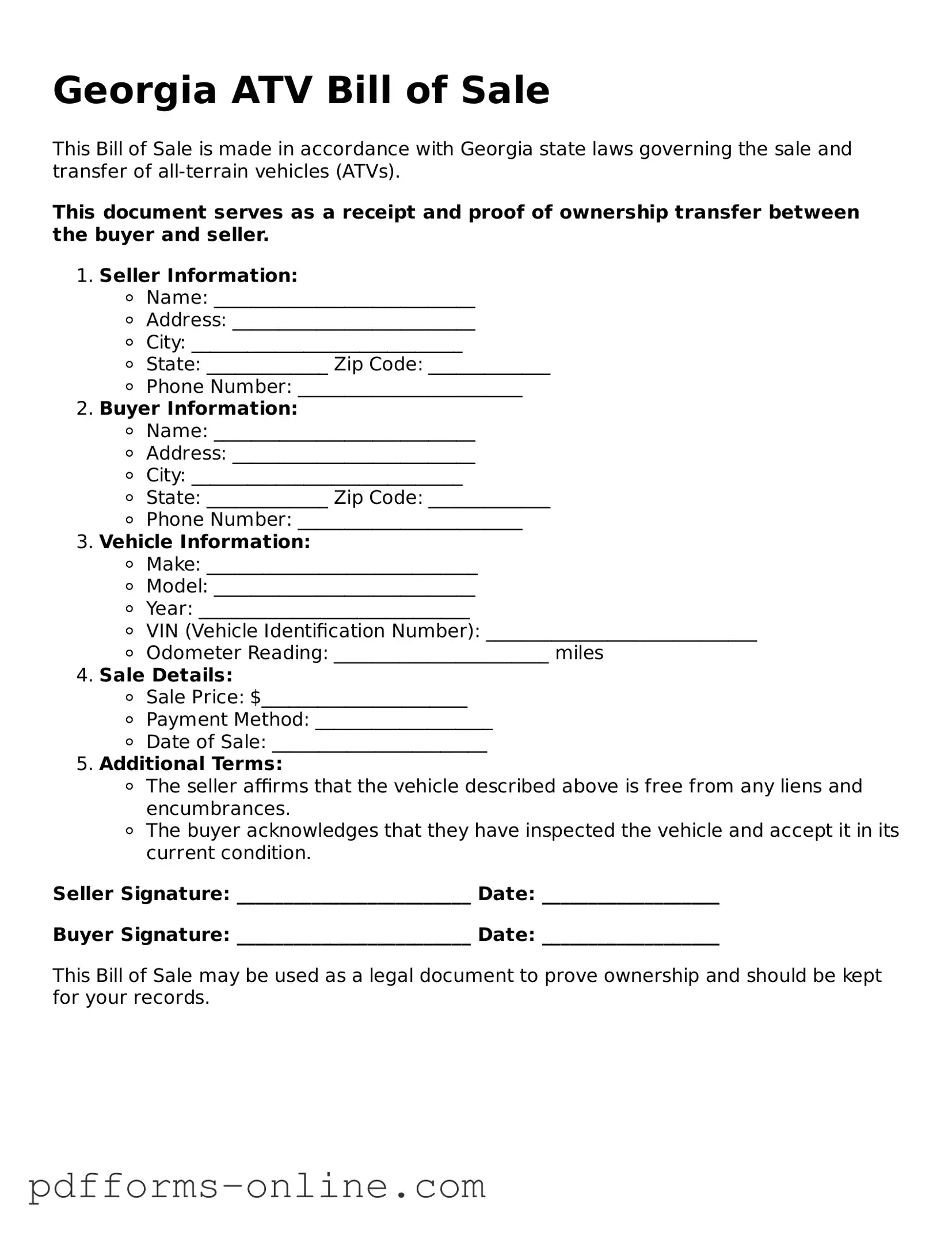 Valid Georgia ATV Bill of Sale Template