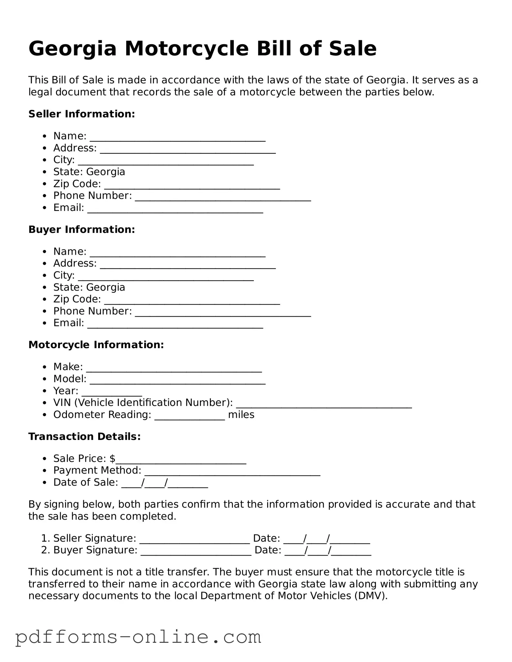 Valid Georgia Motorcycle Bill of Sale Template
