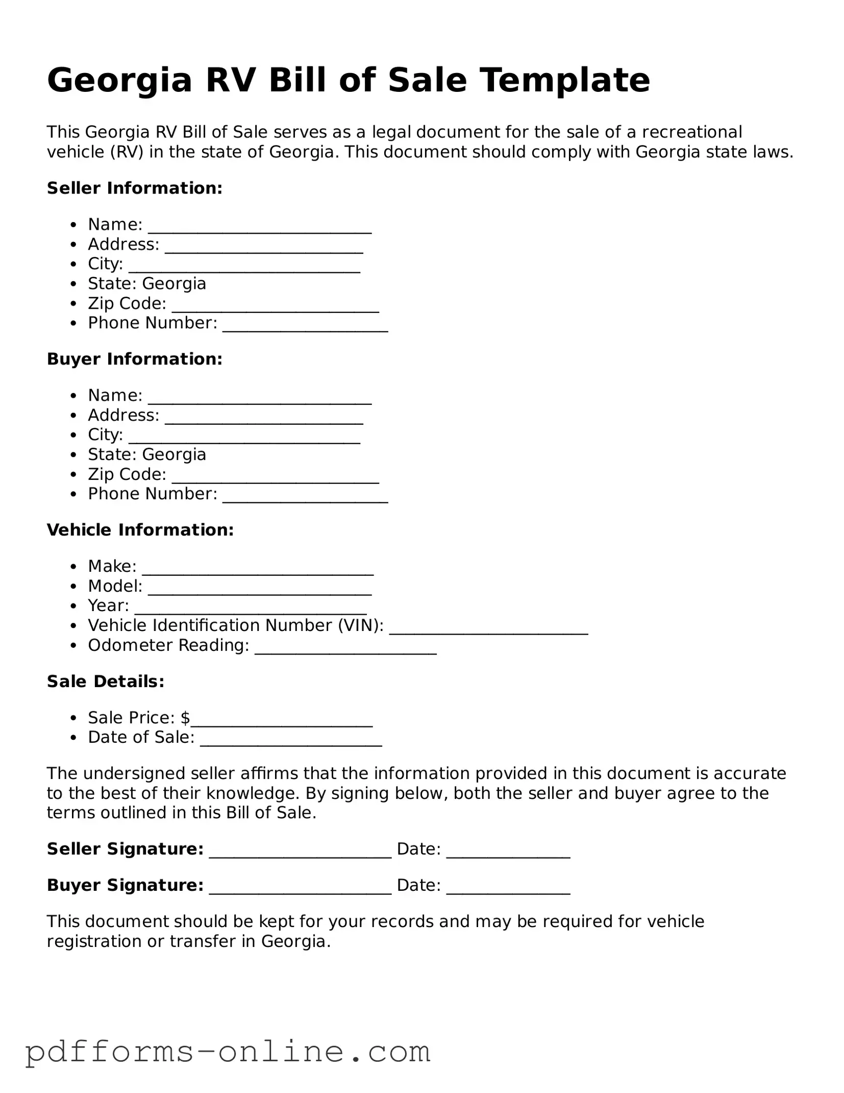 Valid Georgia RV Bill of Sale Template