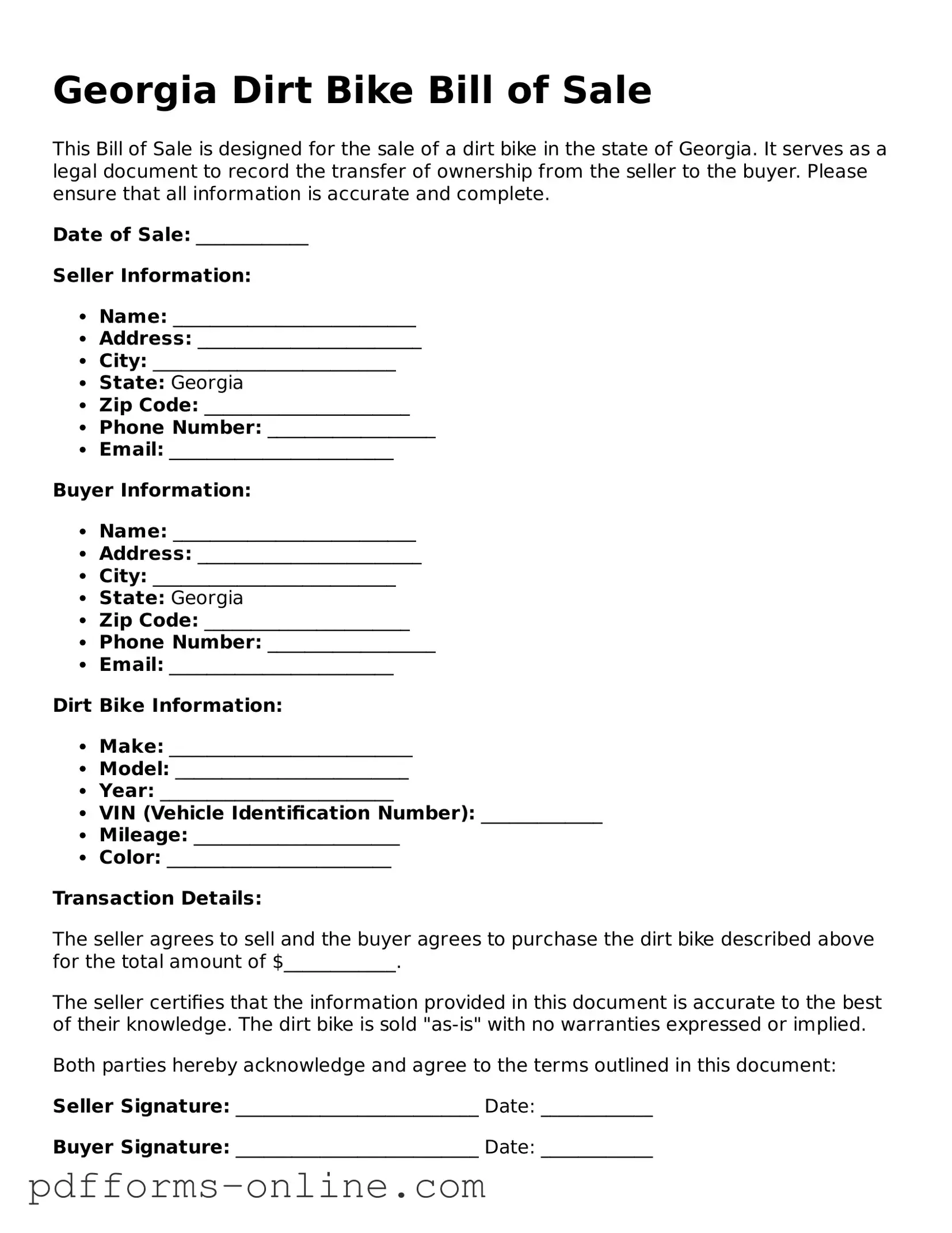 Valid Georgia Dirt Bike Bill of Sale Template