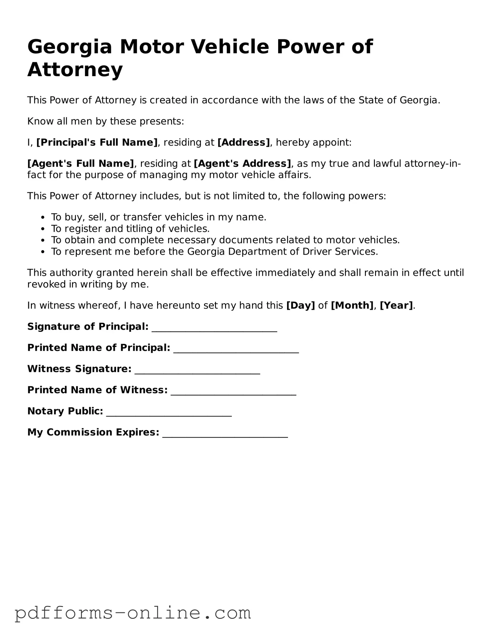 Valid Georgia Motor Vehicle Power of Attorney Template