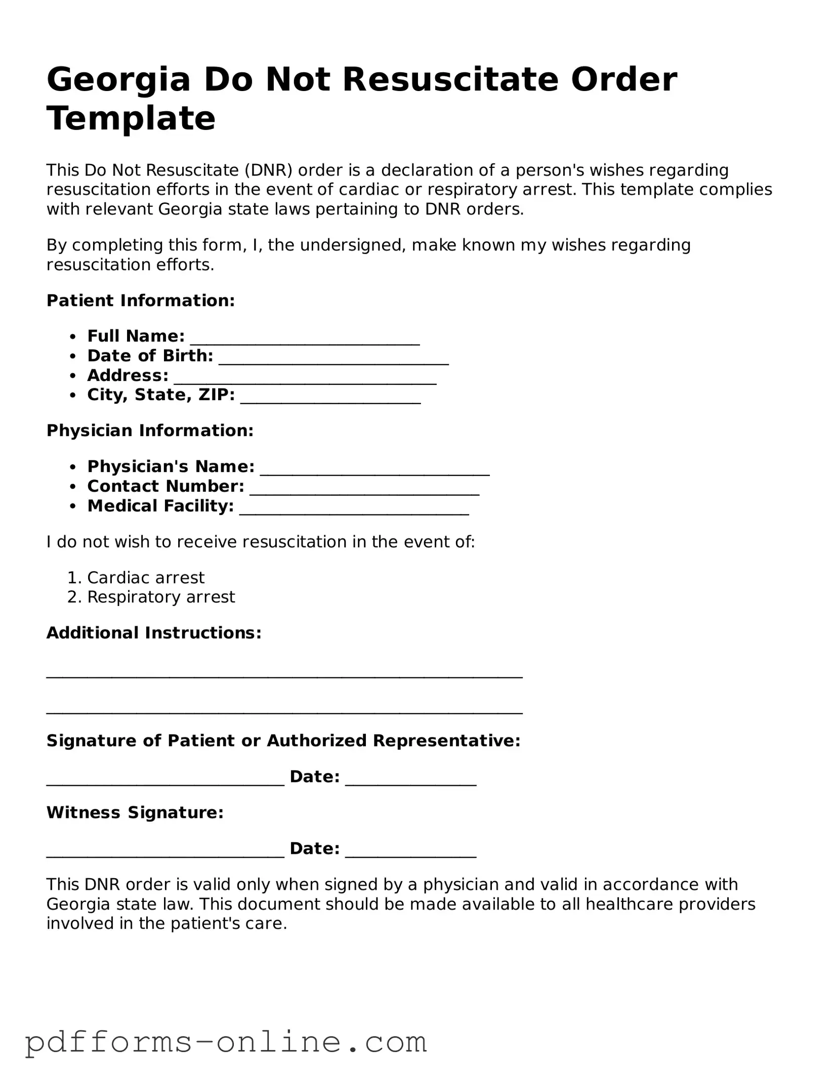 Valid Georgia Do Not Resuscitate Order Template
