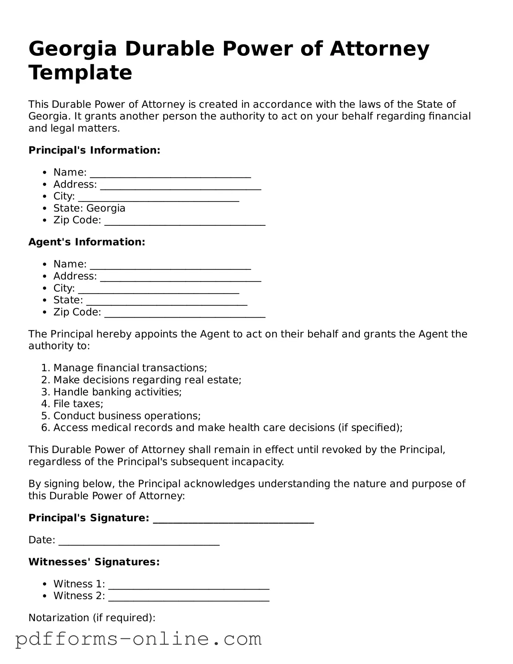 Valid Georgia Durable Power of Attorney Template