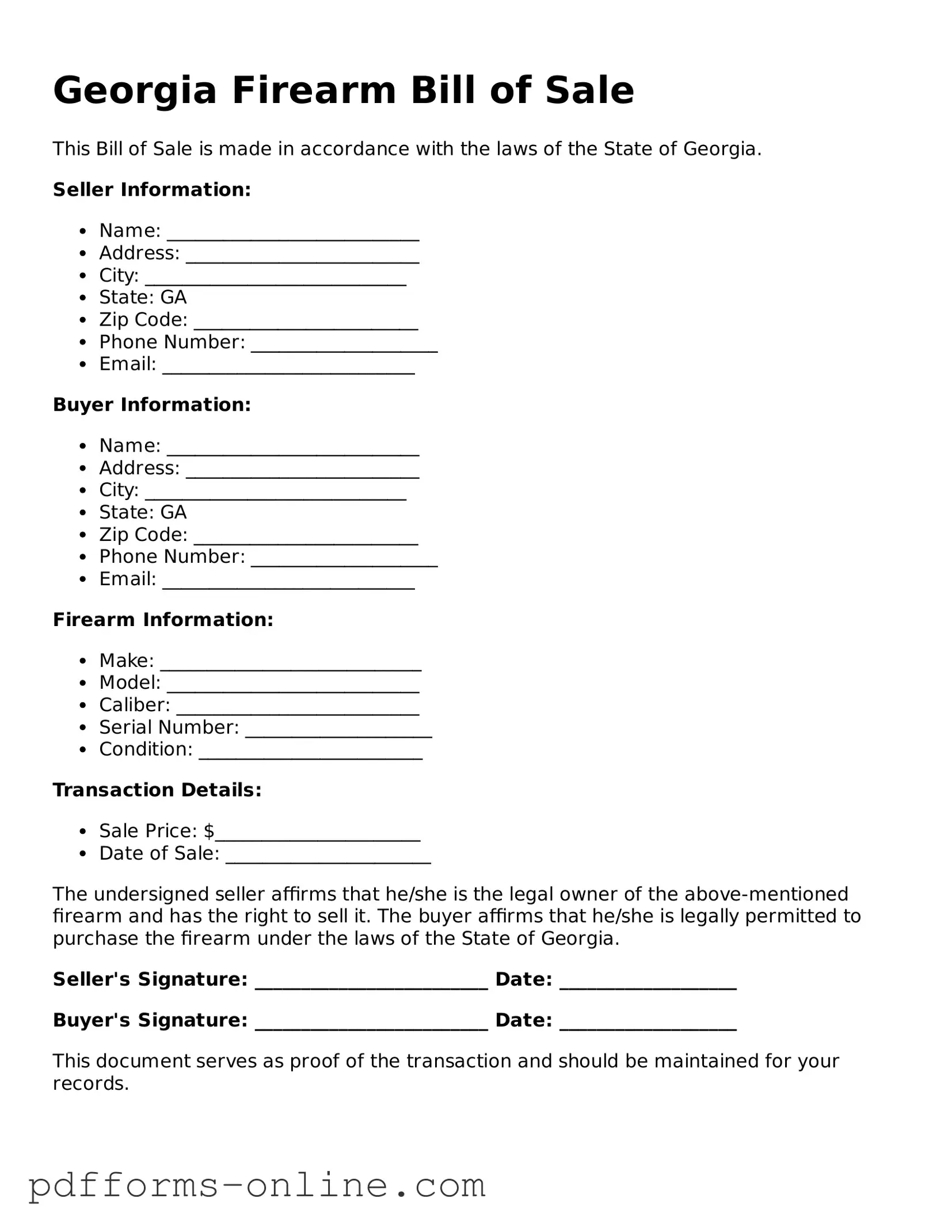 Valid Georgia Firearm Bill of Sale Template