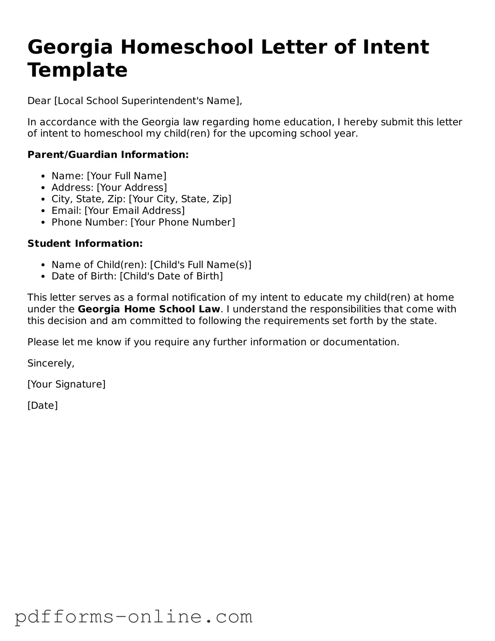 Valid Georgia Homeschool Letter of Intent Template