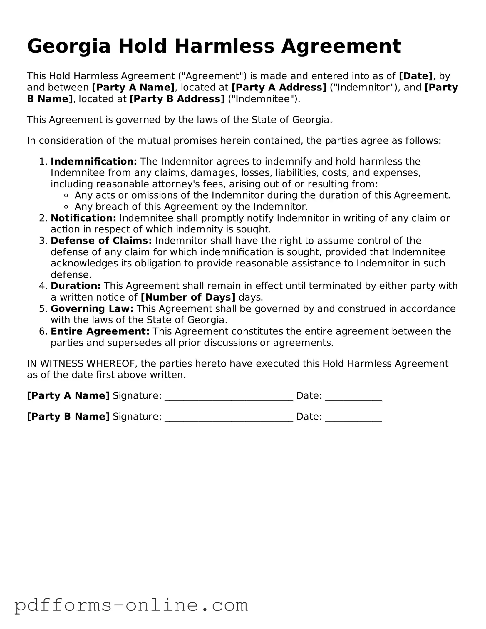 Valid Georgia Hold Harmless Agreement Template
