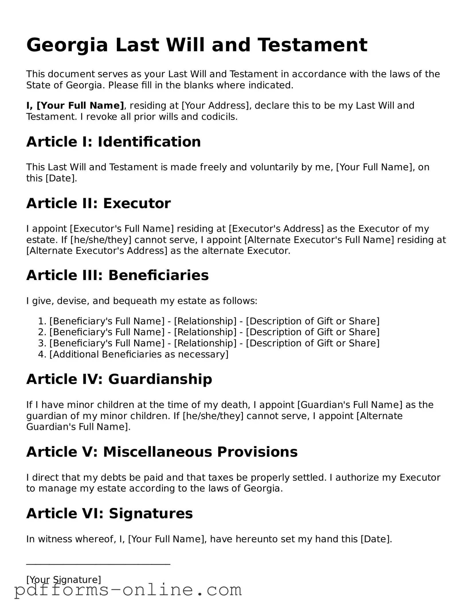 Valid Georgia Last Will and Testament Template