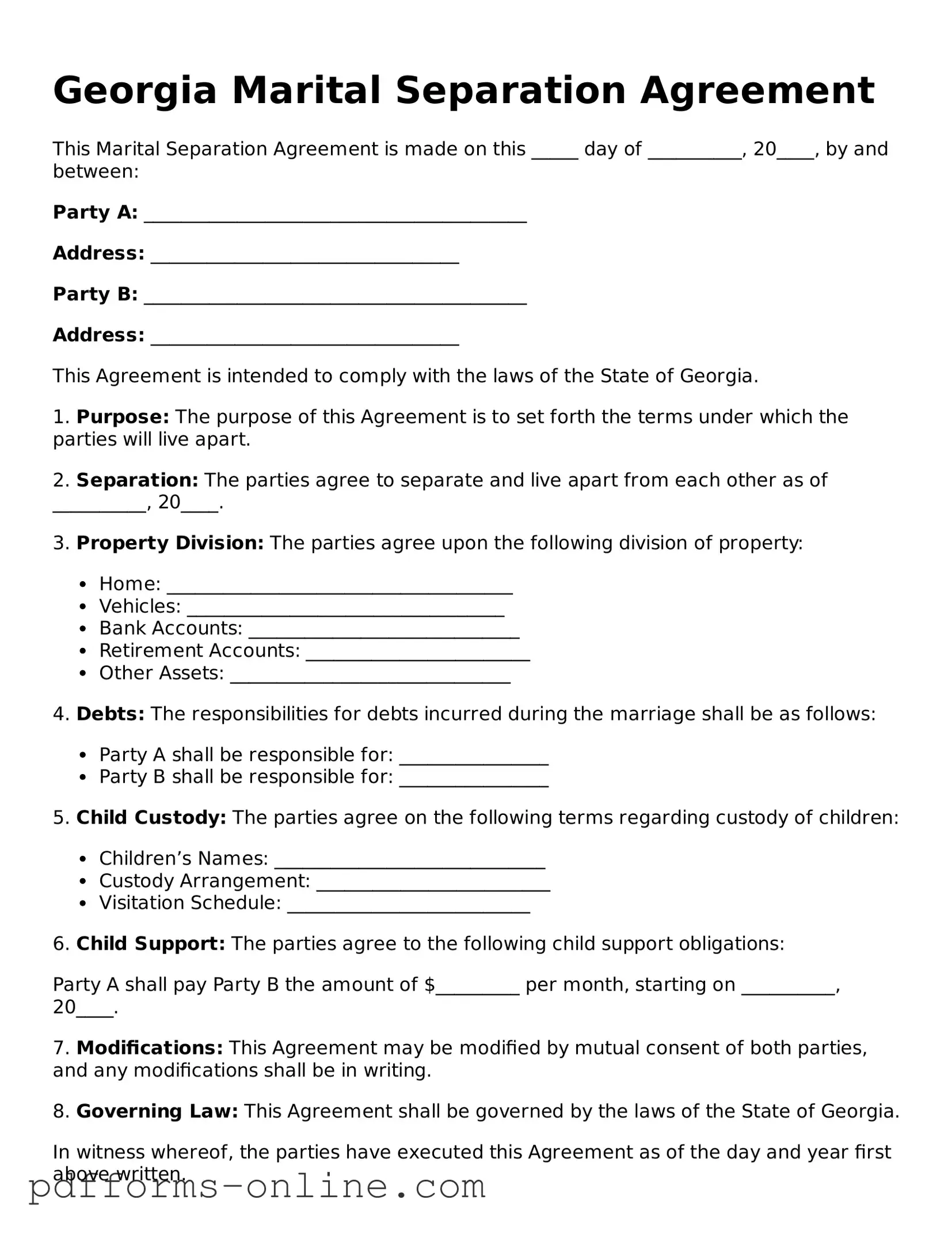 Valid Georgia Marital Separation Agreement Template