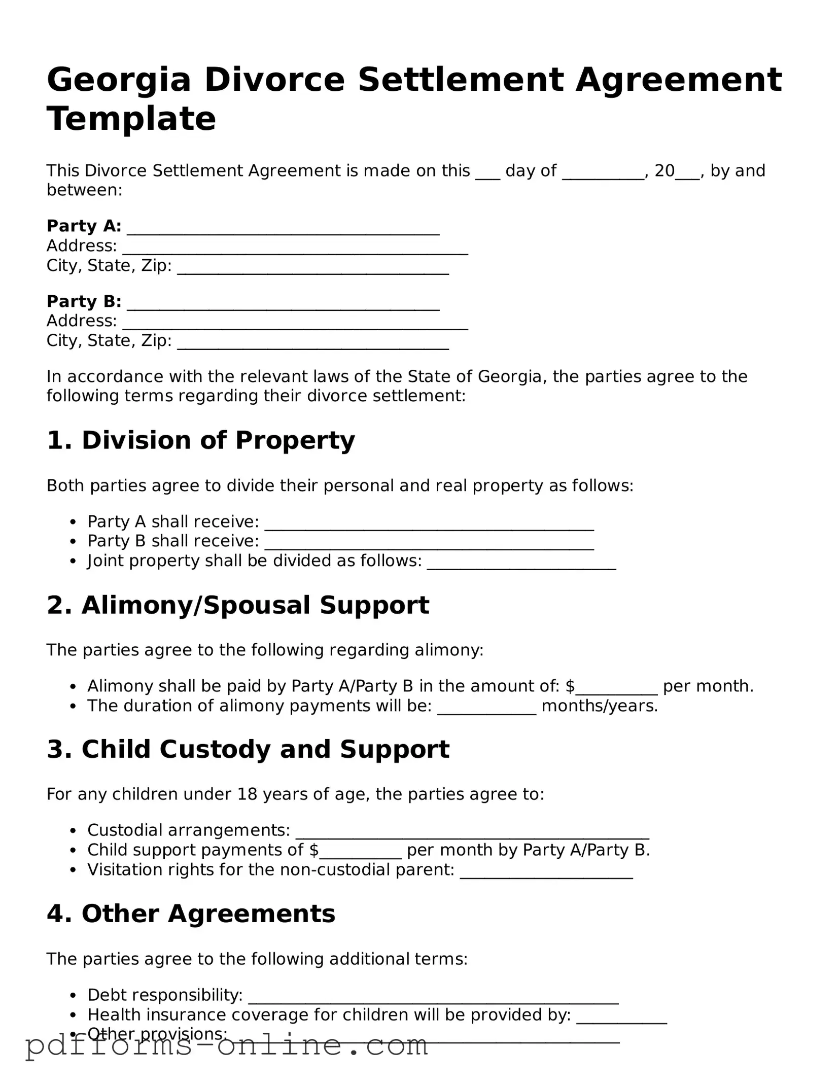 Valid Georgia Divorce Settlement Agreement Template