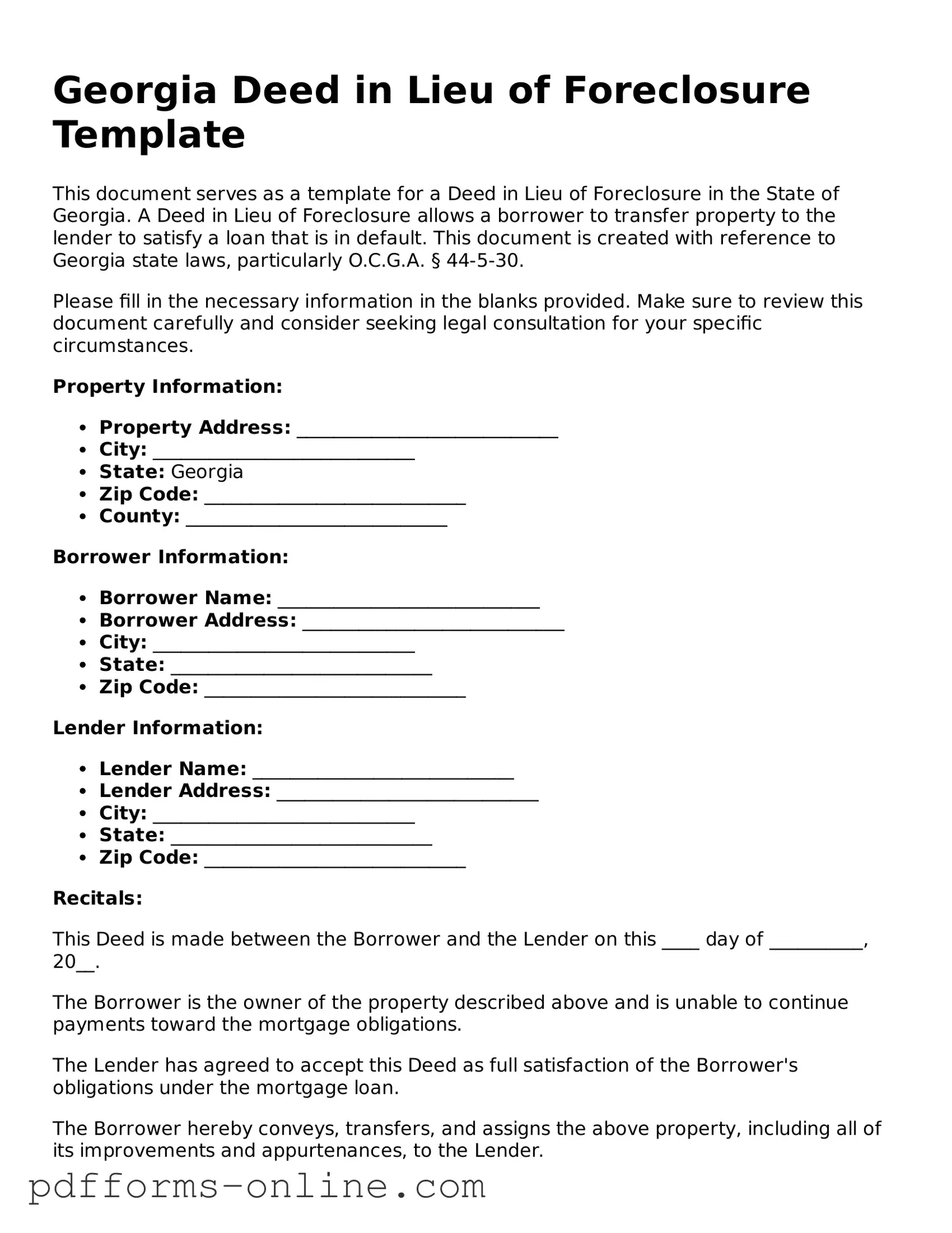 Valid Georgia Deed in Lieu of Foreclosure Template