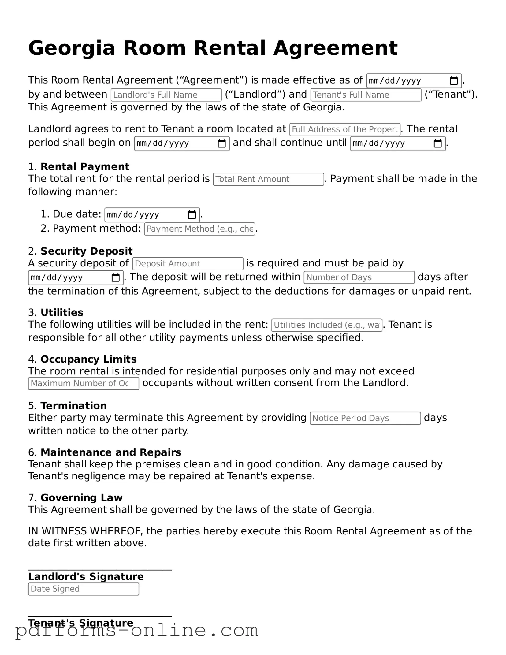 Valid Georgia Room Rental Agreement Template