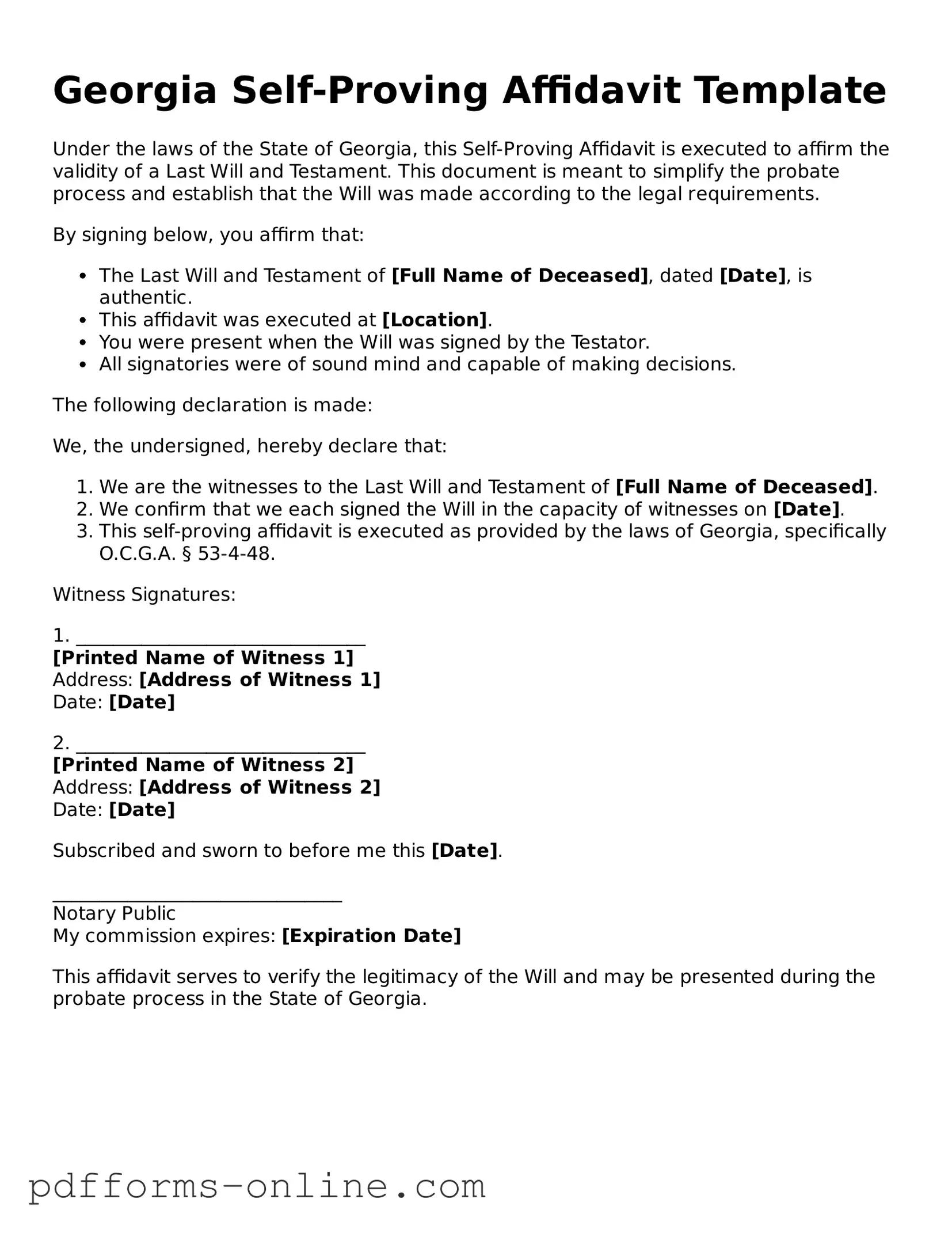 Valid Georgia Self-Proving Affidavit Template