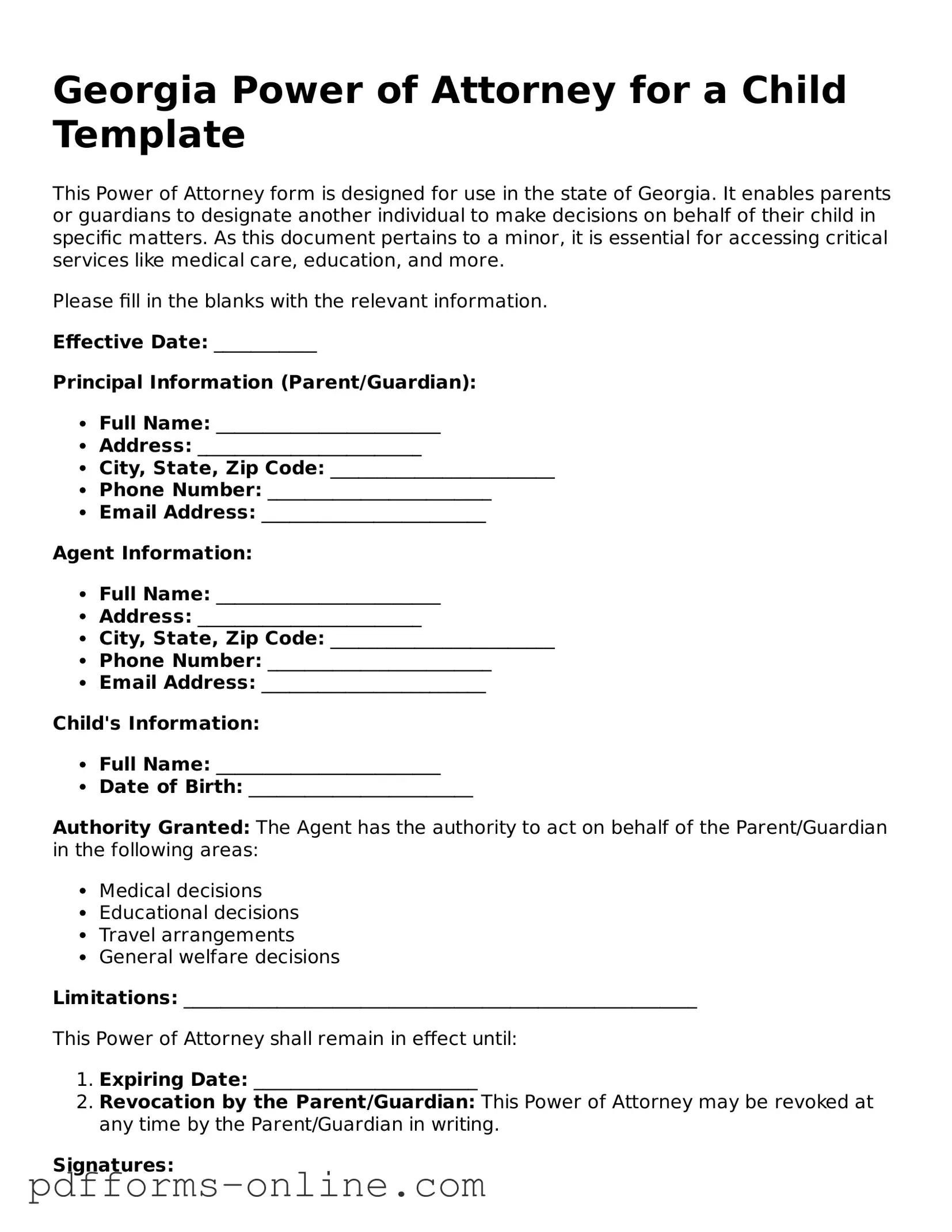 Valid Georgia Power of Attorney for a Child Template