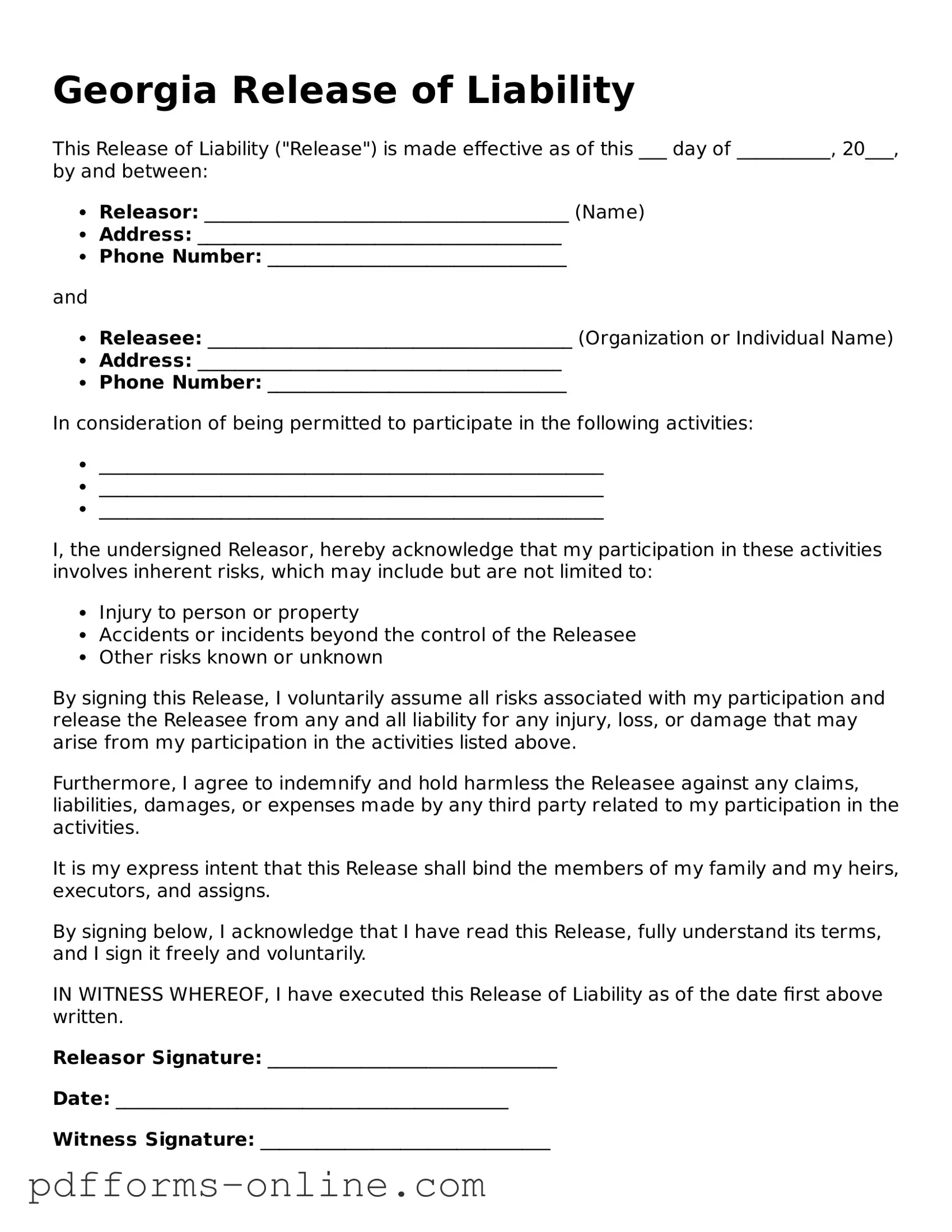 Valid Georgia Release of Liability Template