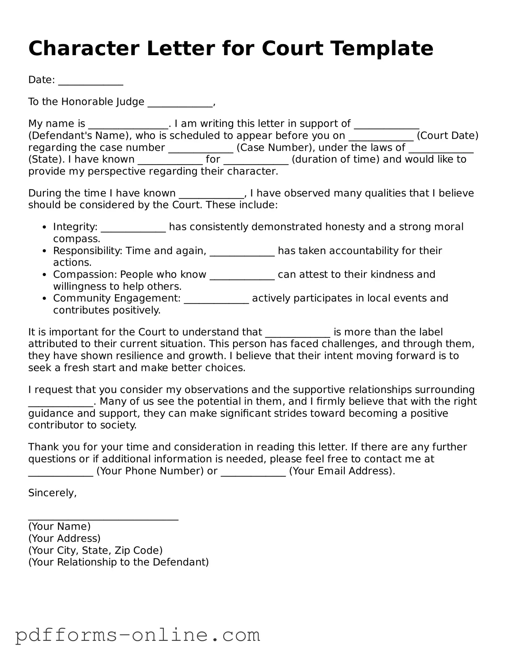 Blank Character Letter for Court Form