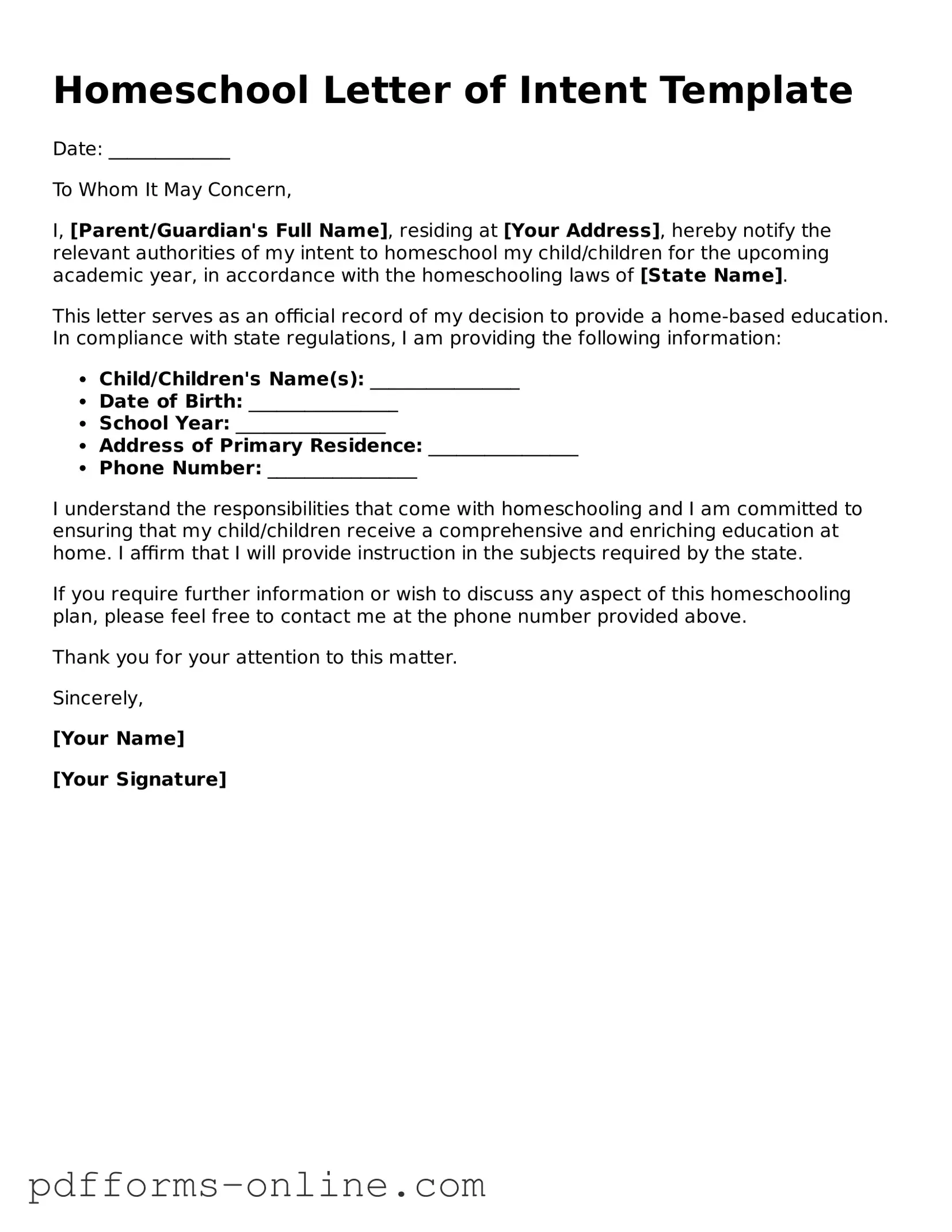 Blank Homeschool Letter of Intent Form
