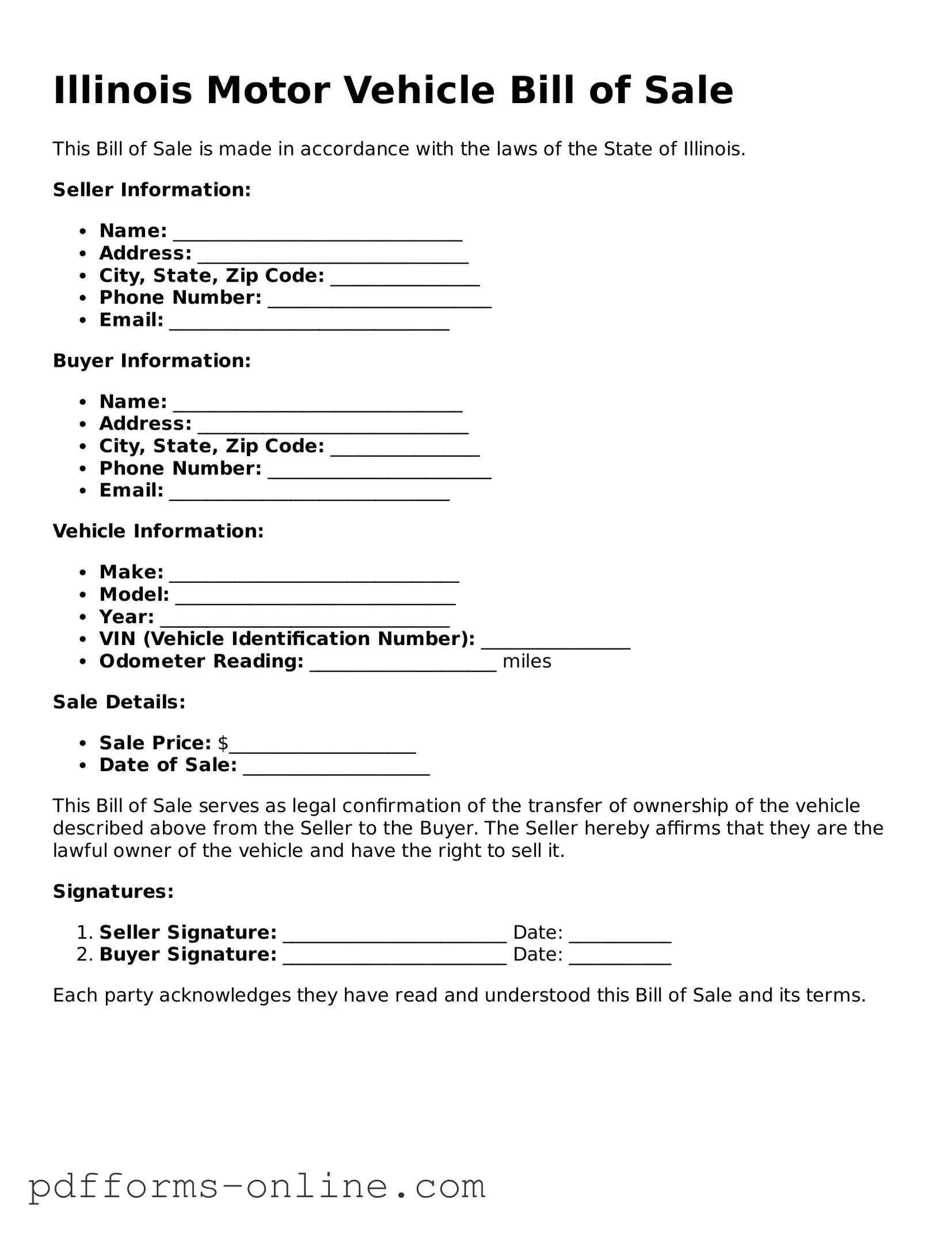 Valid Illinois Motor Vehicle Bill of Sale Template