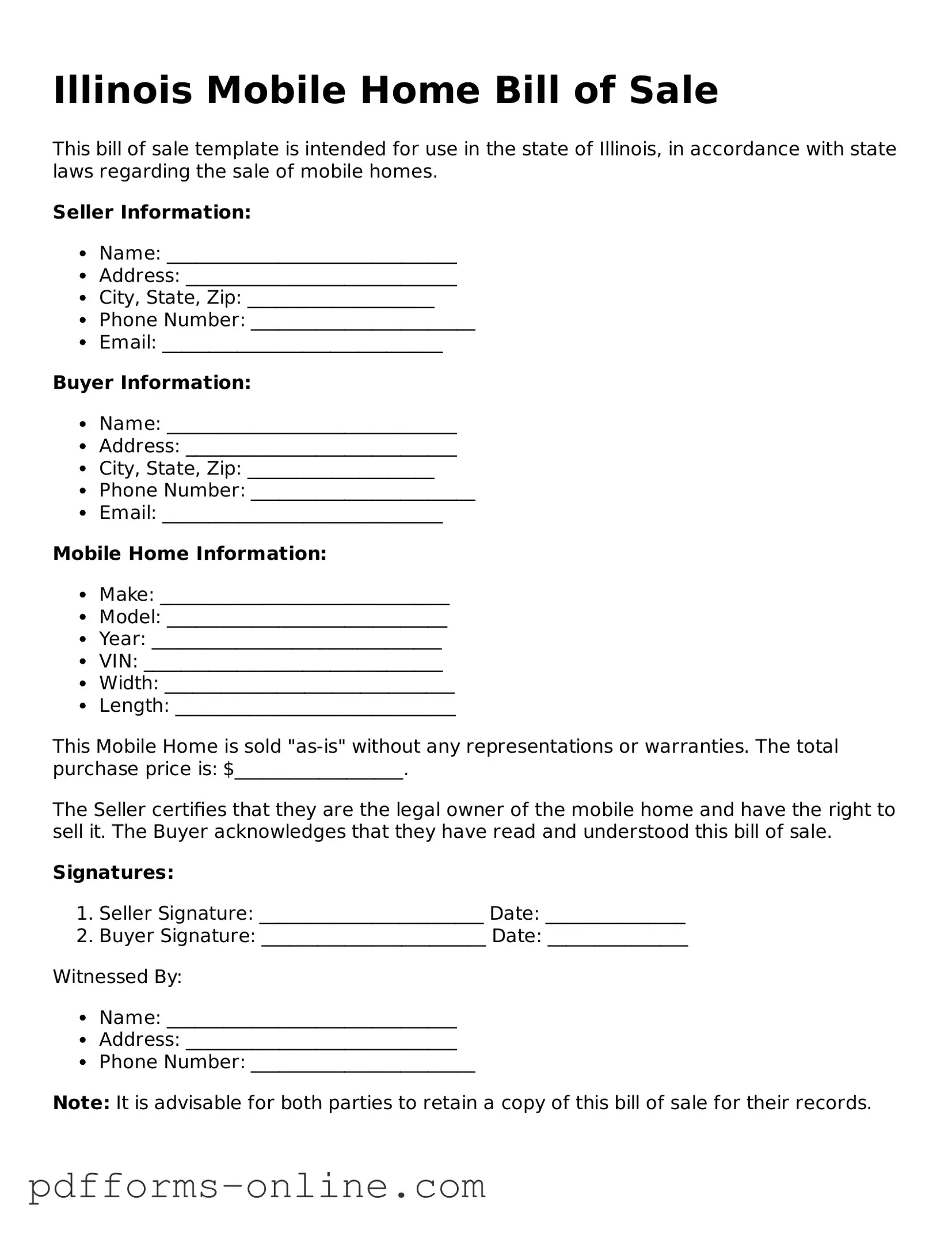 Valid Illinois Mobile Home Bill of Sale Template