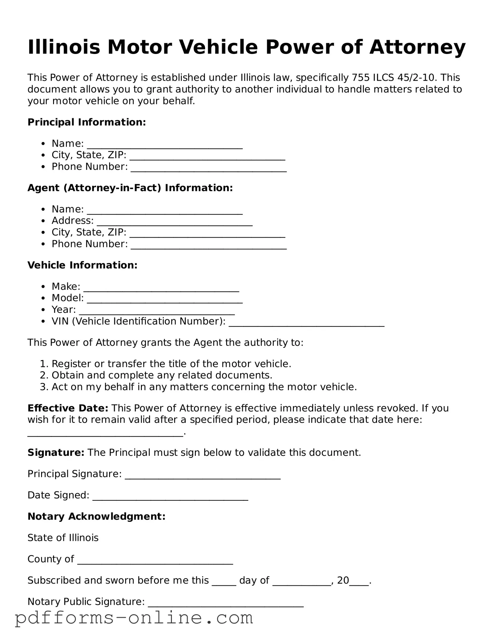 Valid Illinois Motor Vehicle Power of Attorney Template