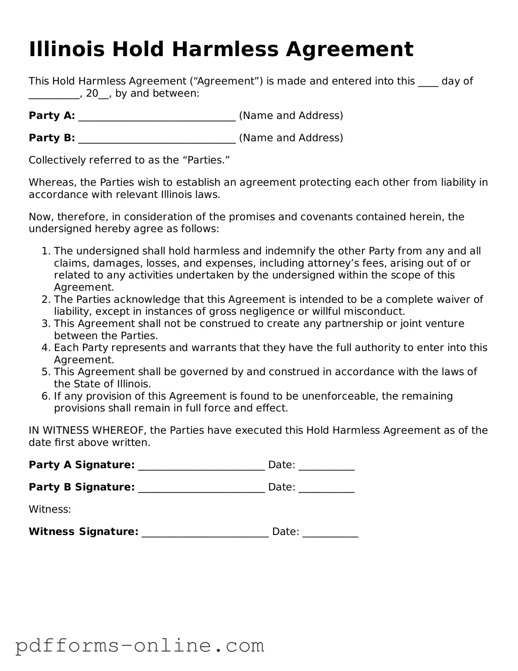 Valid Illinois Hold Harmless Agreement Template