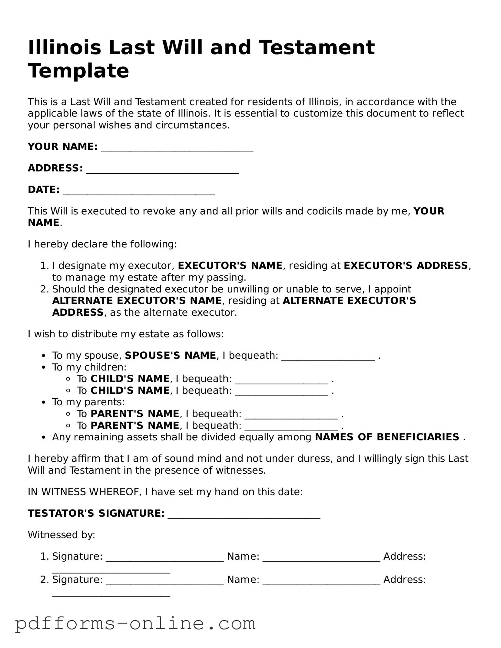 Valid Illinois Last Will and Testament Template