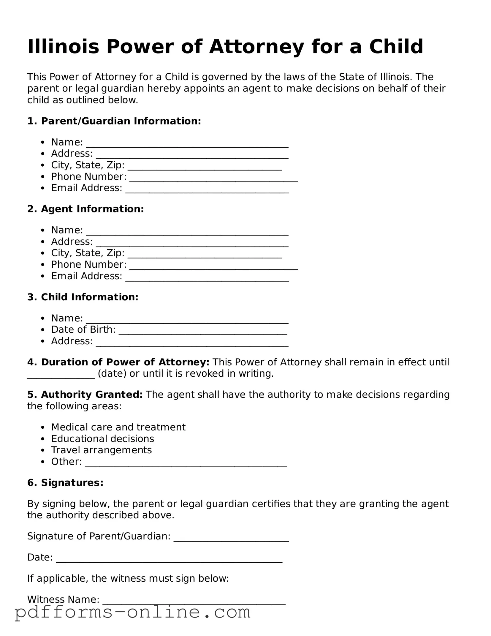 Valid Illinois Power of Attorney for a Child Template