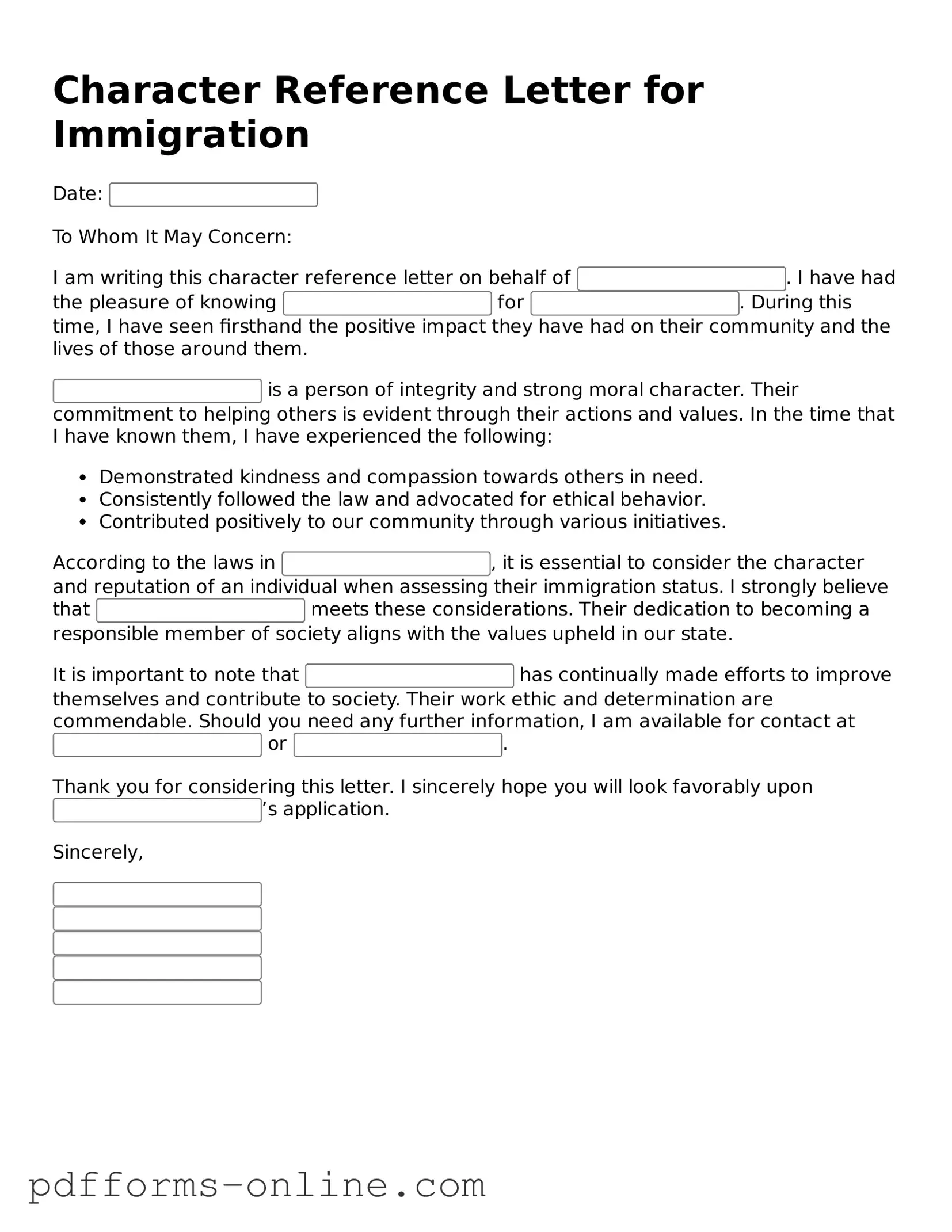 Blank Character Reference Letter for Immigration Form
