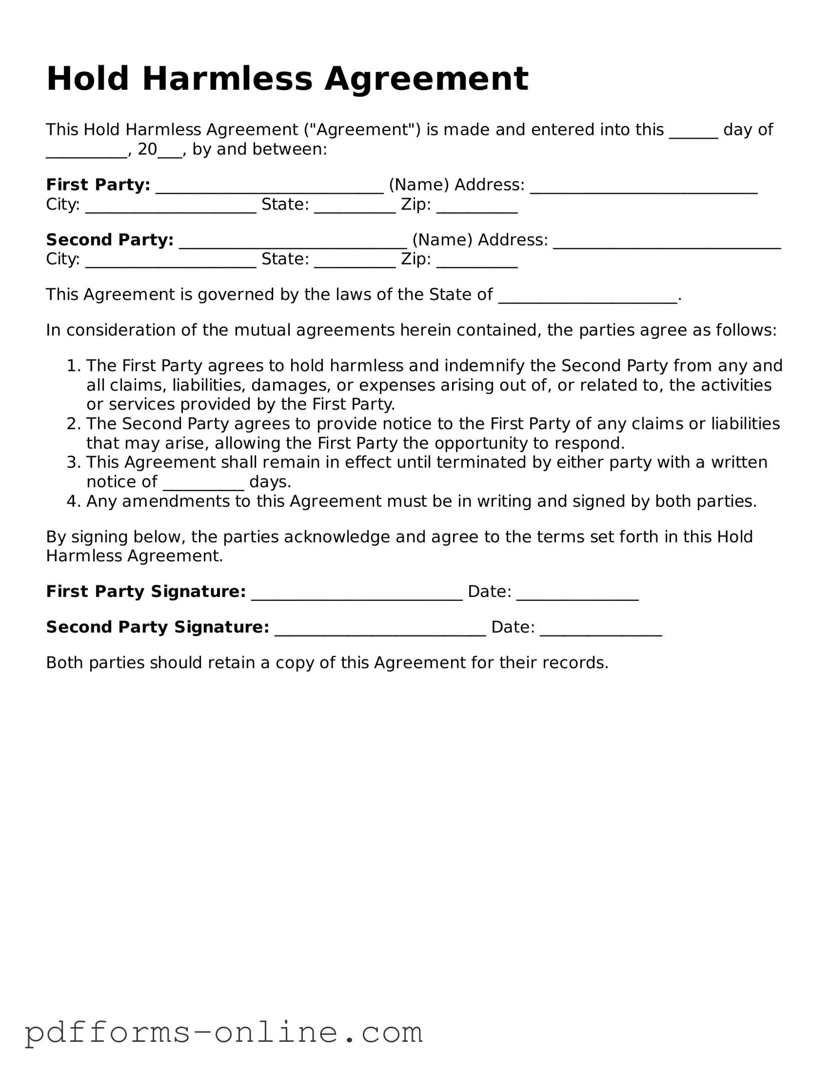 Blank Hold Harmless Agreement Form