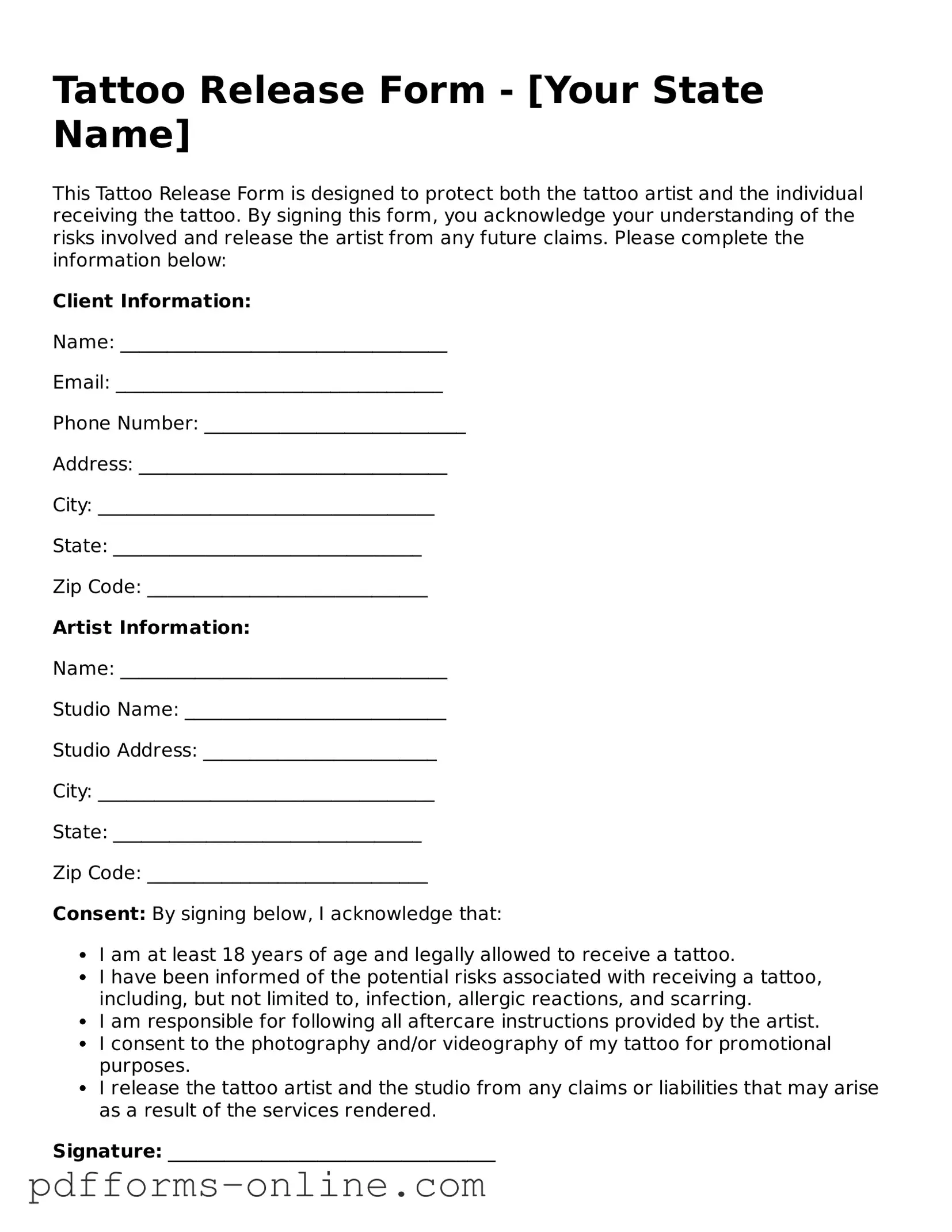 Blank Tattoo Release Form