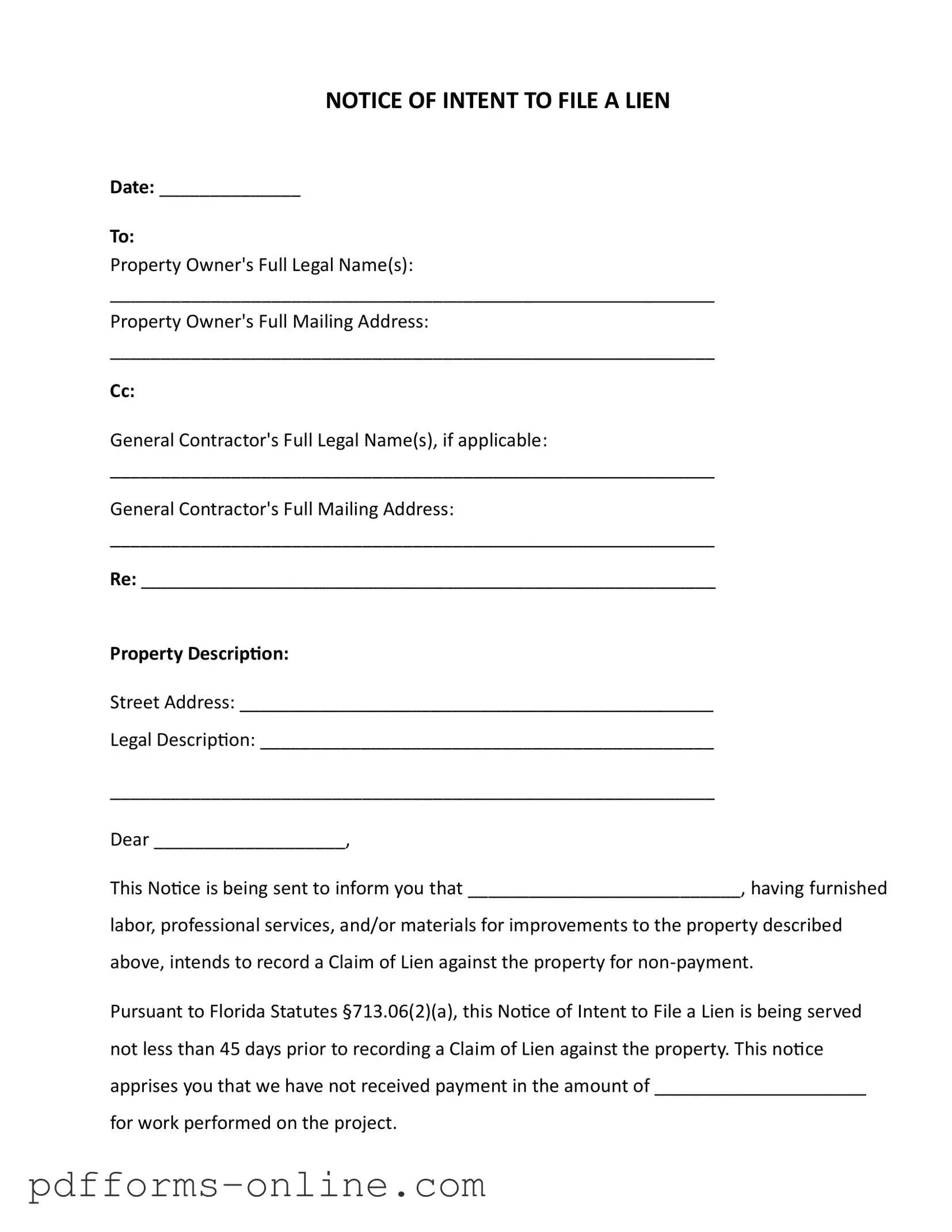 Blank Intent To Lien Florida Template