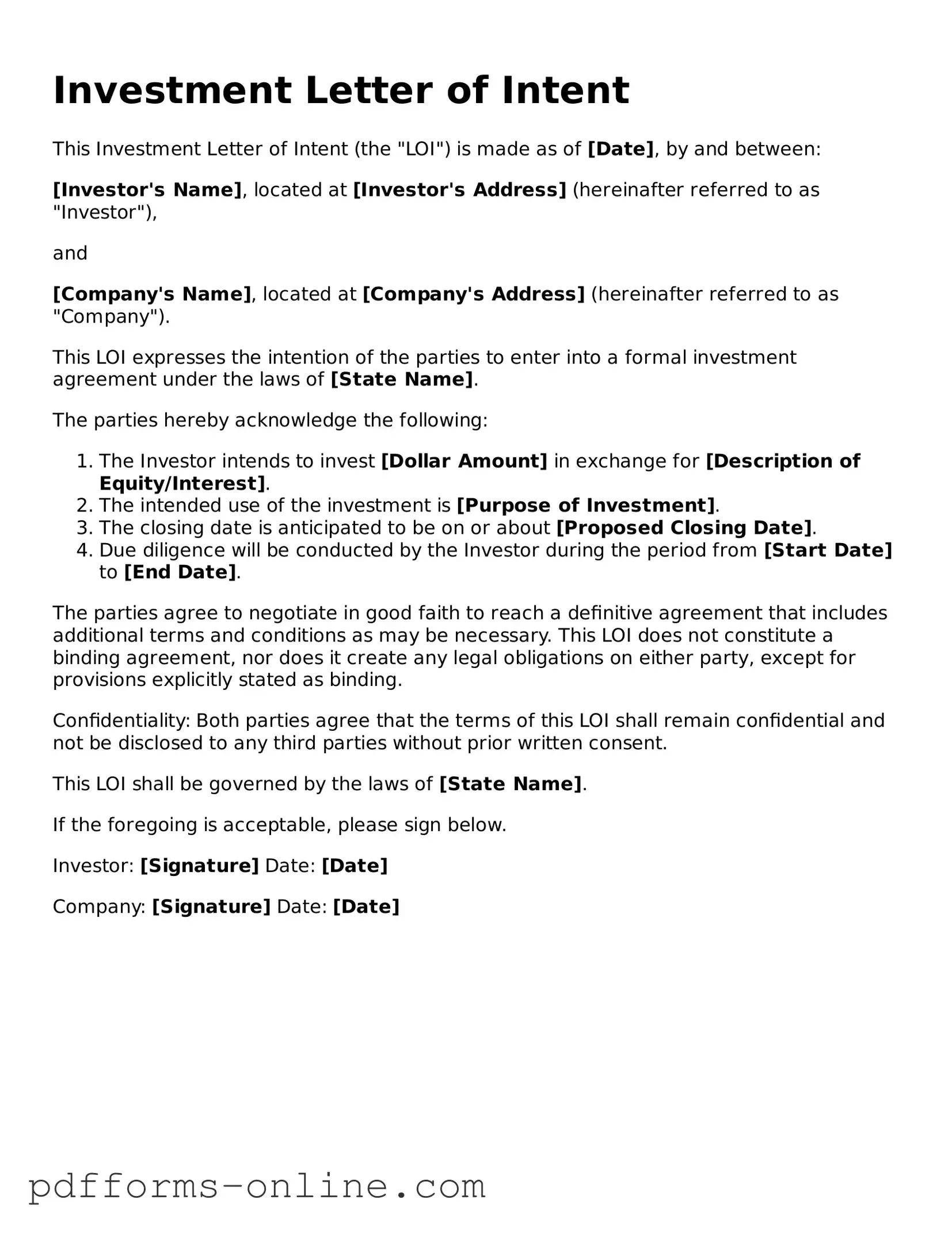 Blank Investment Letter of Intent Form