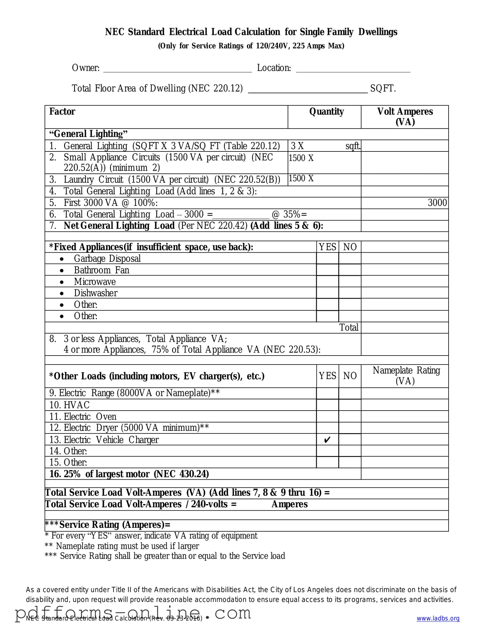 Blank LADBS NEC Standard Electrical Load Calculation Template