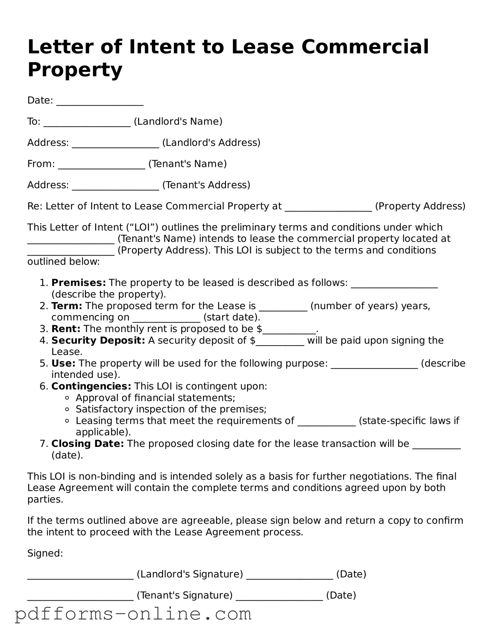 Blank Letter of Intent to Lease Commercial Property Form