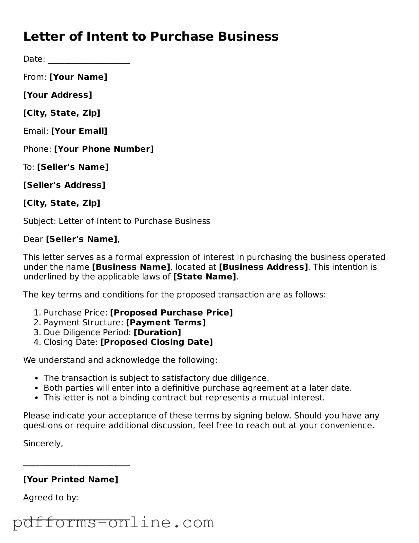Blank Letter of Intent to Purchase Business Form