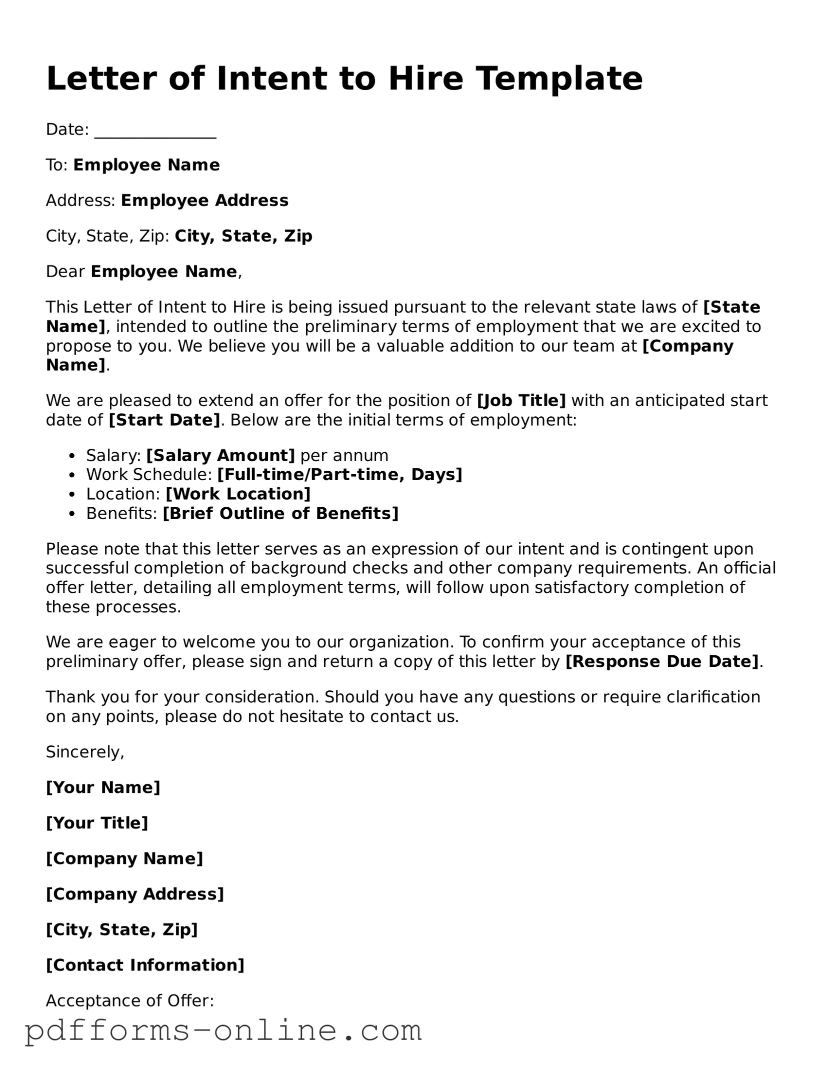 Blank Letter of Intent to Hire Form
