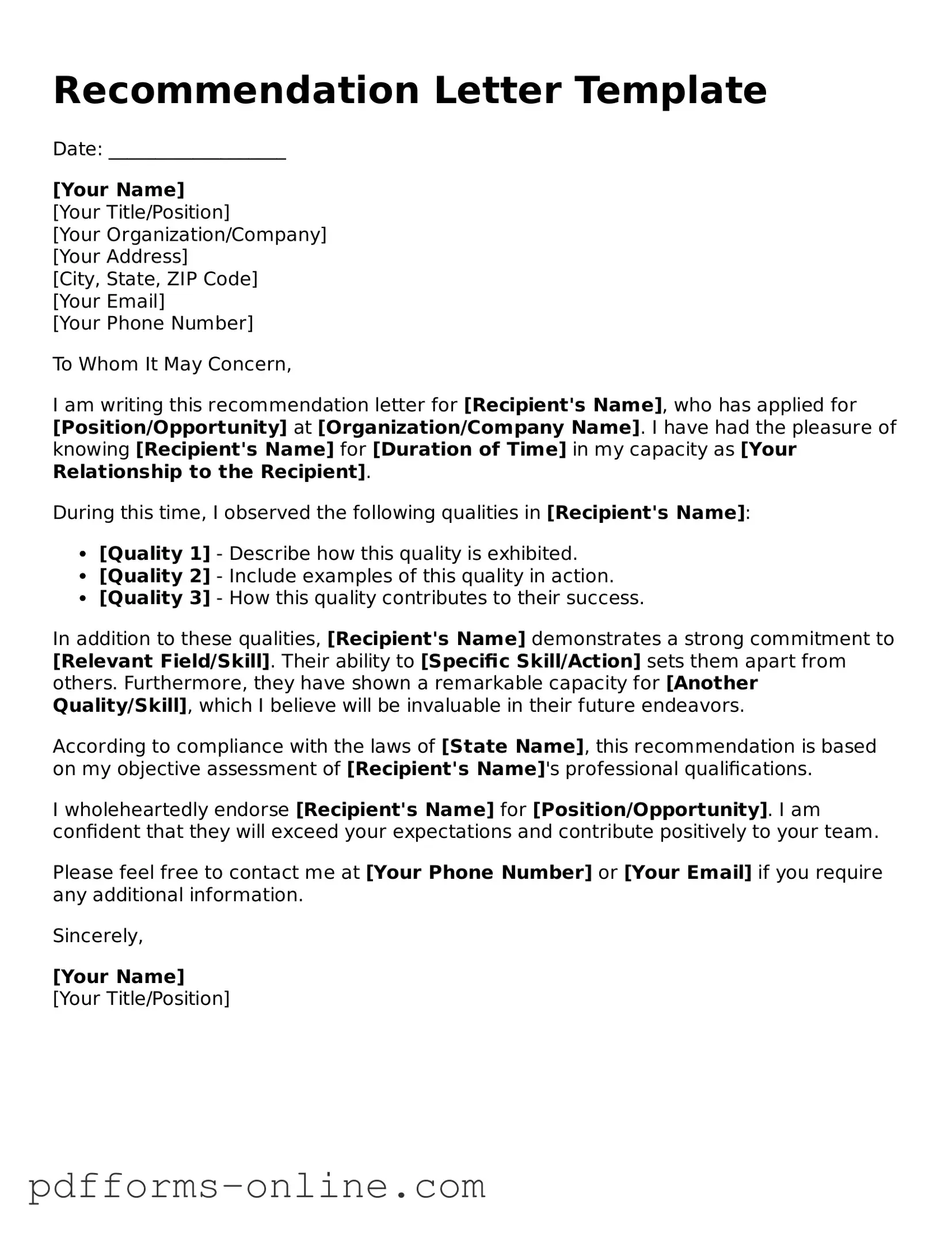 Blank Recommendation Letter Form