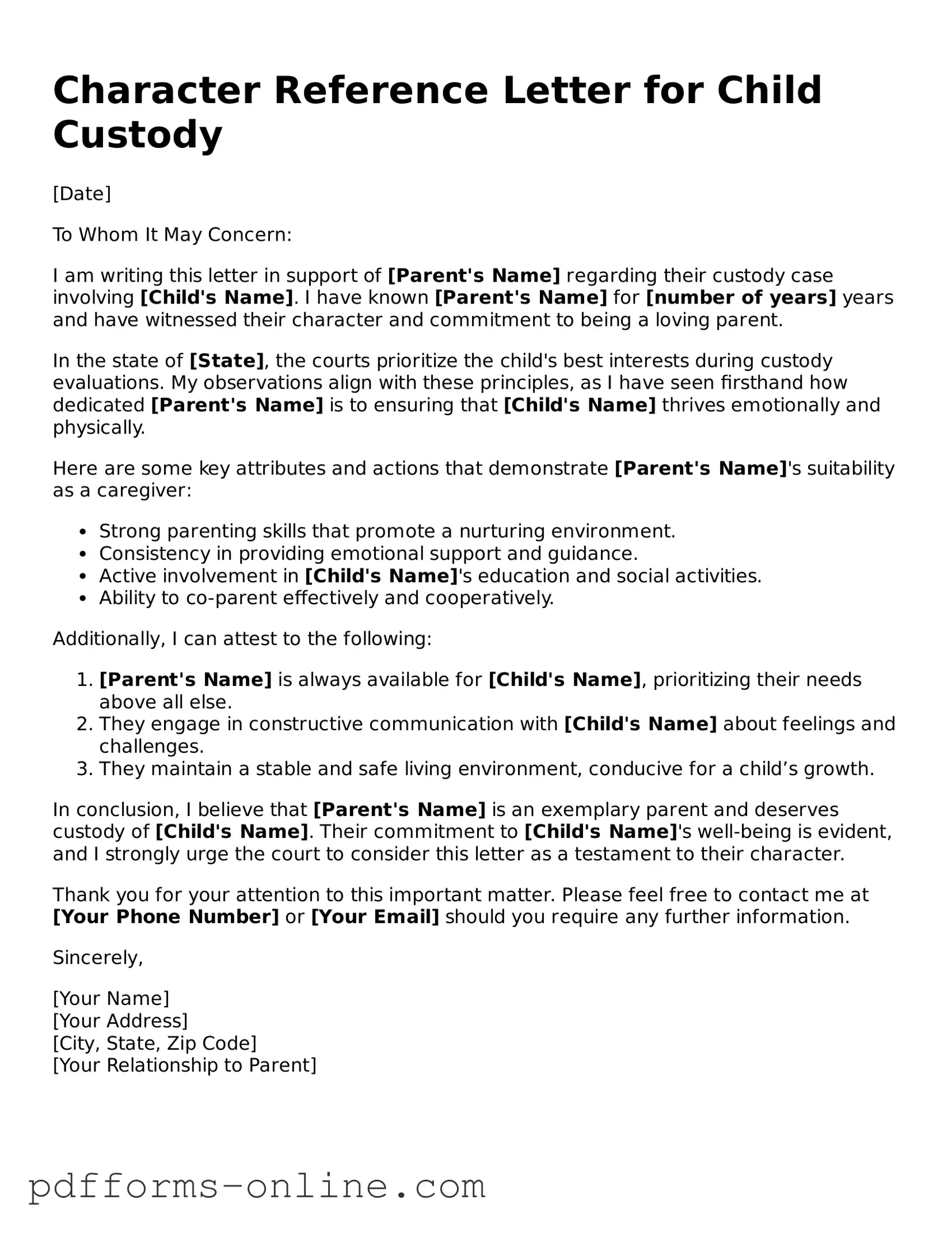 Blank Character Reference Letter for Child Custody Form