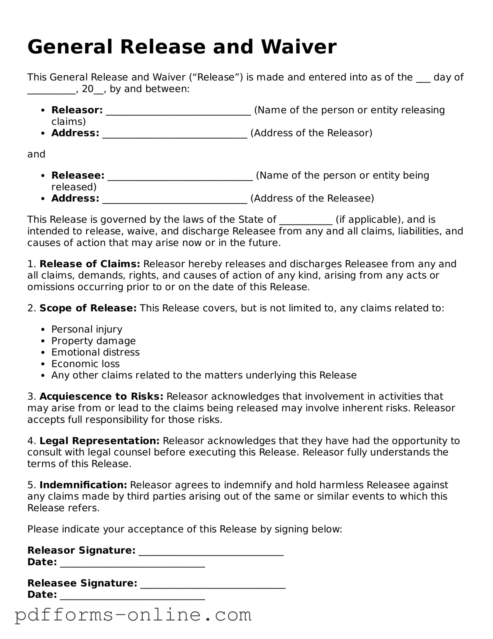 Blank General Release and Waiver Form