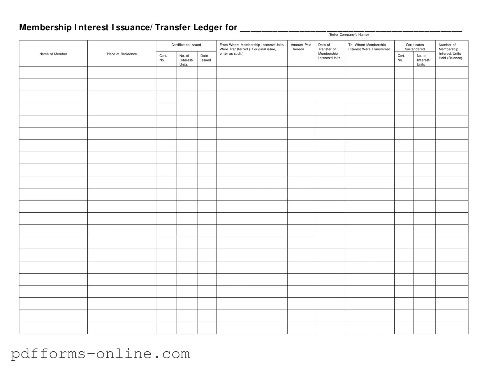 Blank Membership Ledger Template