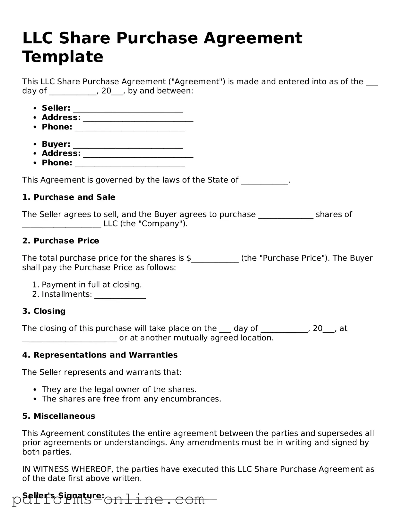Blank LLC Share Purchase Agreement Form