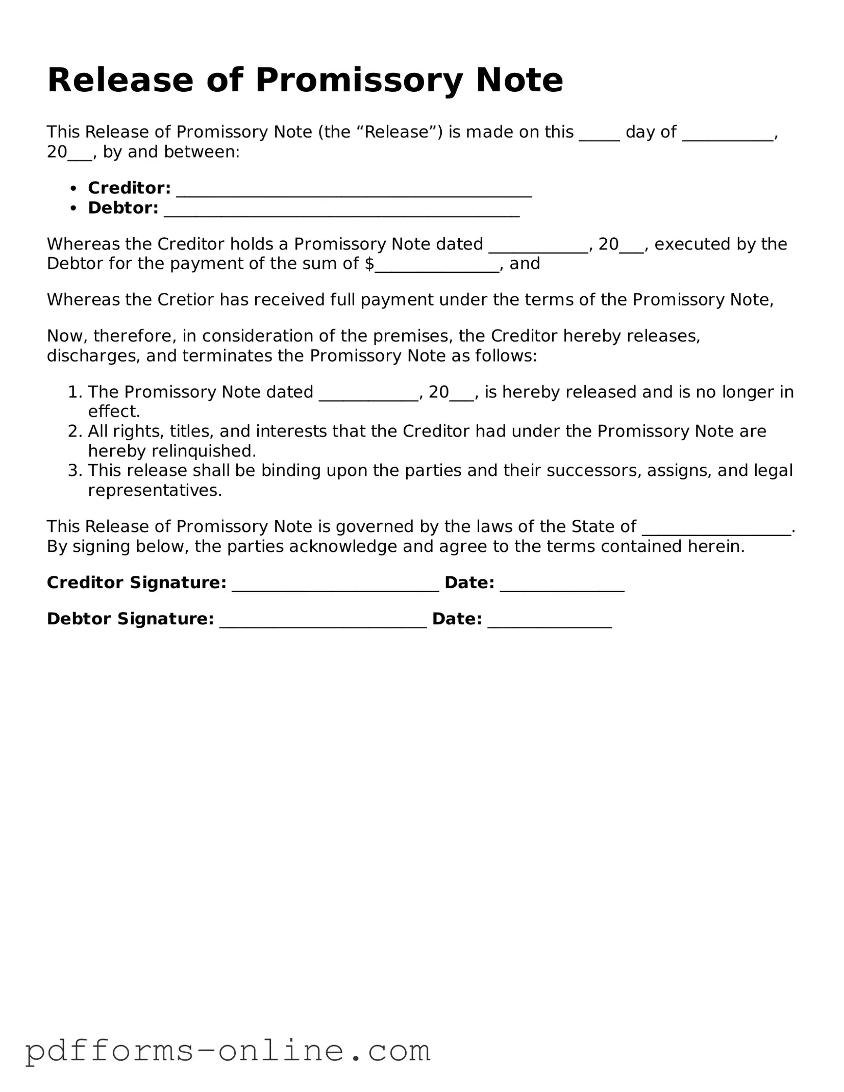 Blank Release of Promissory Note Form