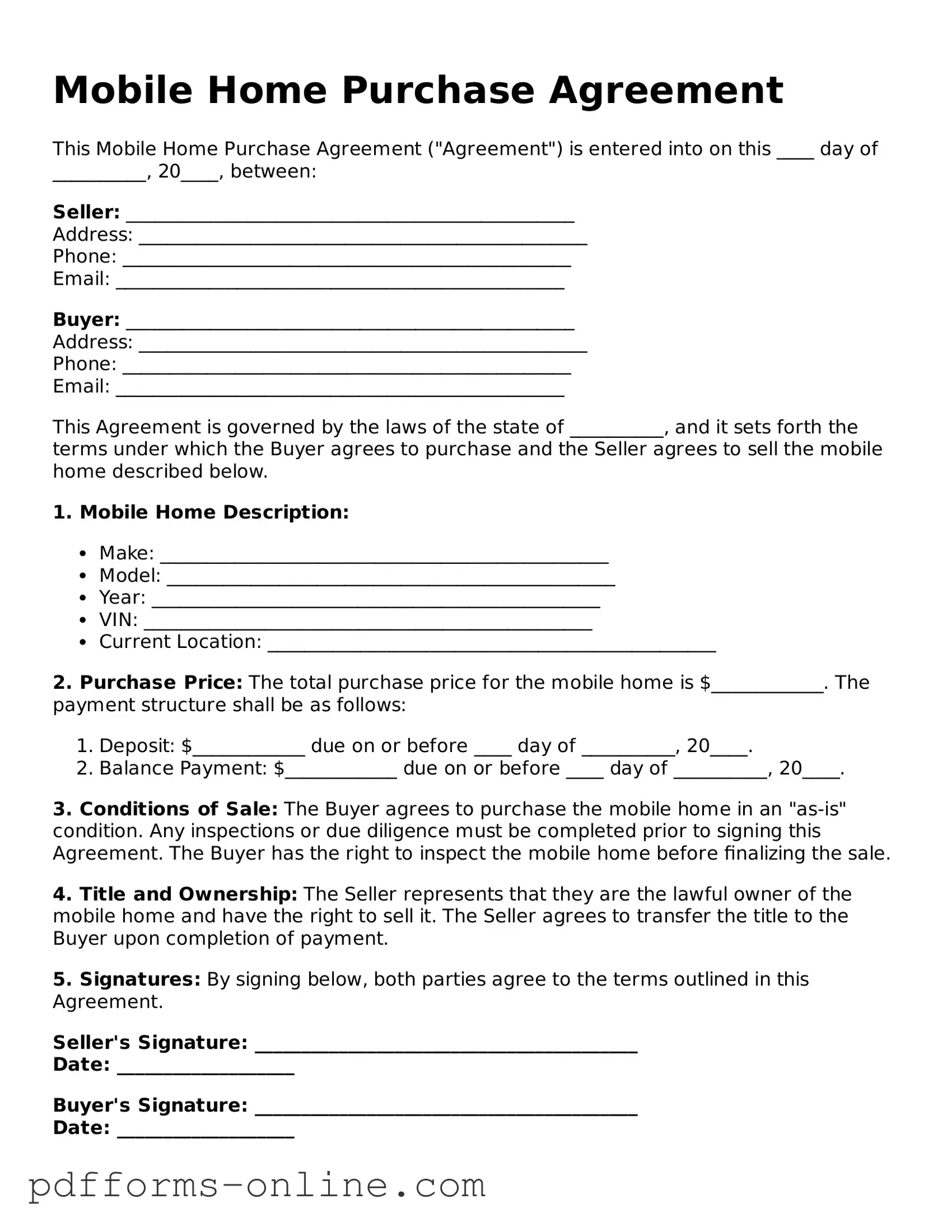 Blank Mobile Home Purchase Agreement Form