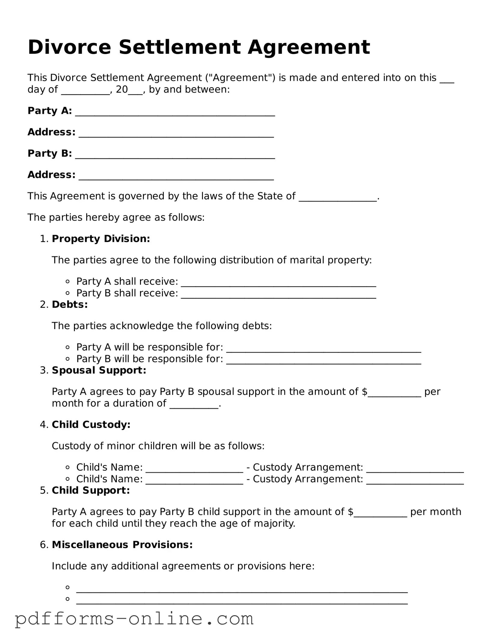 Blank Divorce Settlement Agreement Form