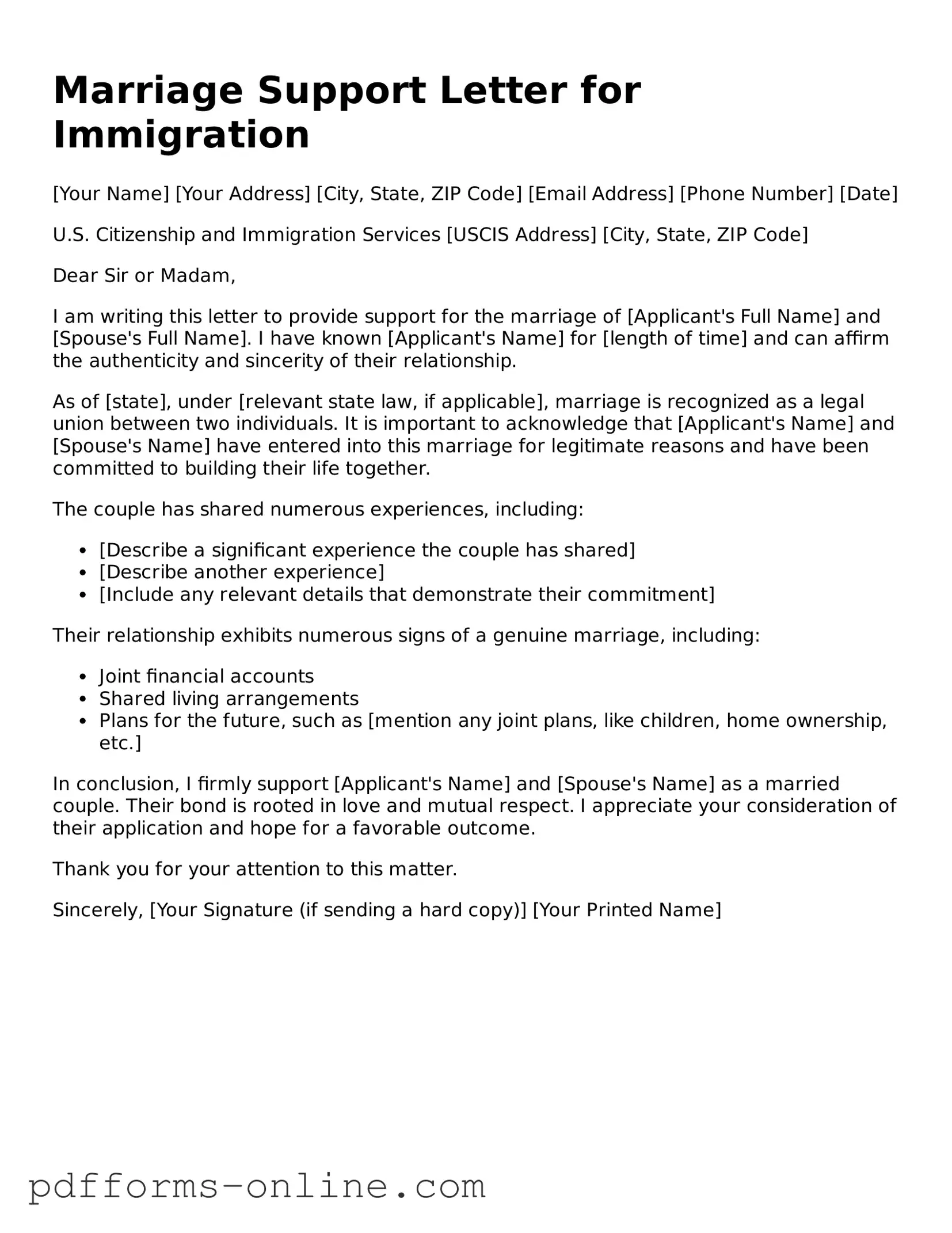 Blank Marriage Support Letter for Immigration Form